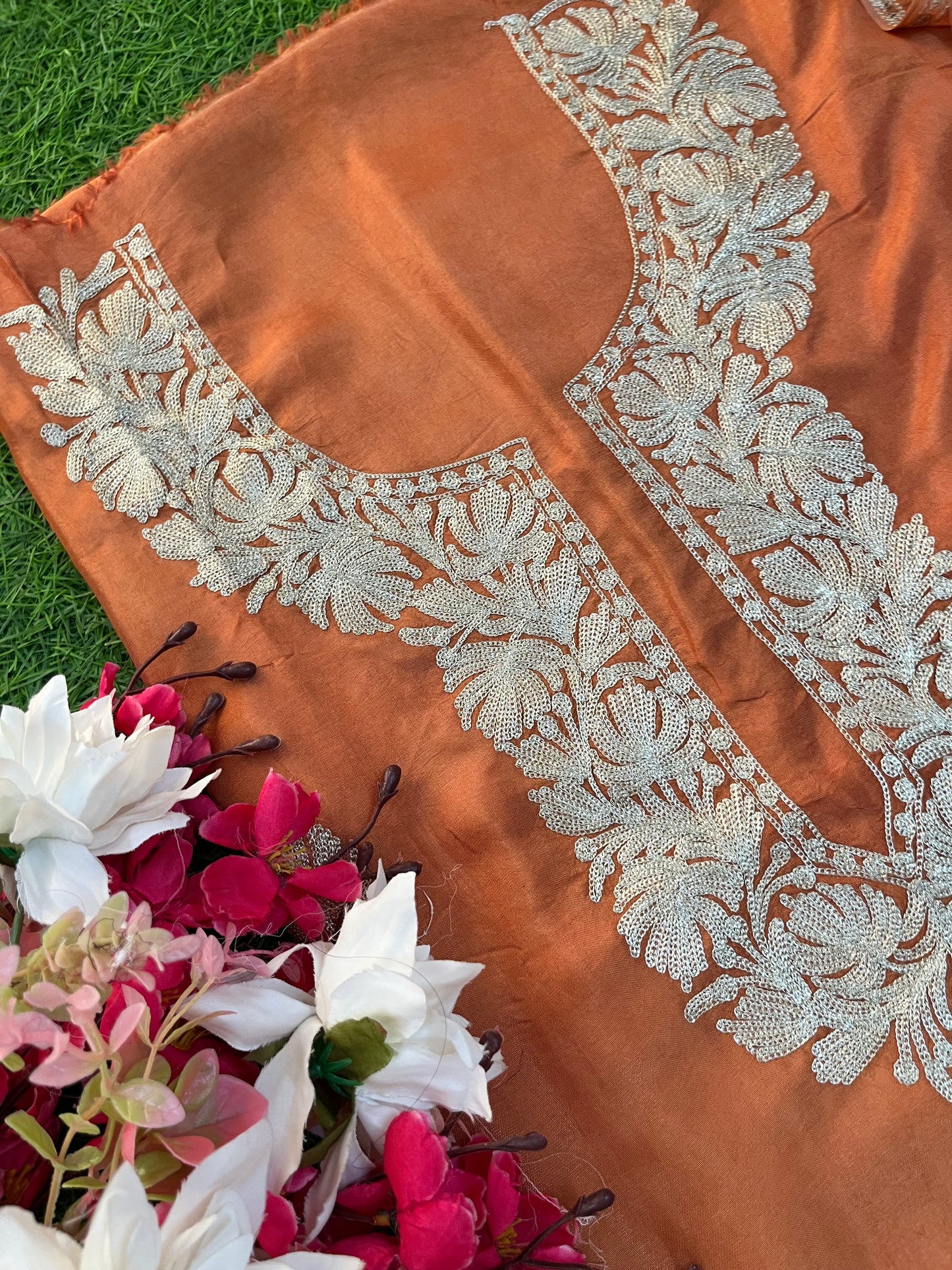 Dull Orange Silk Tilla Kashmiri Suit