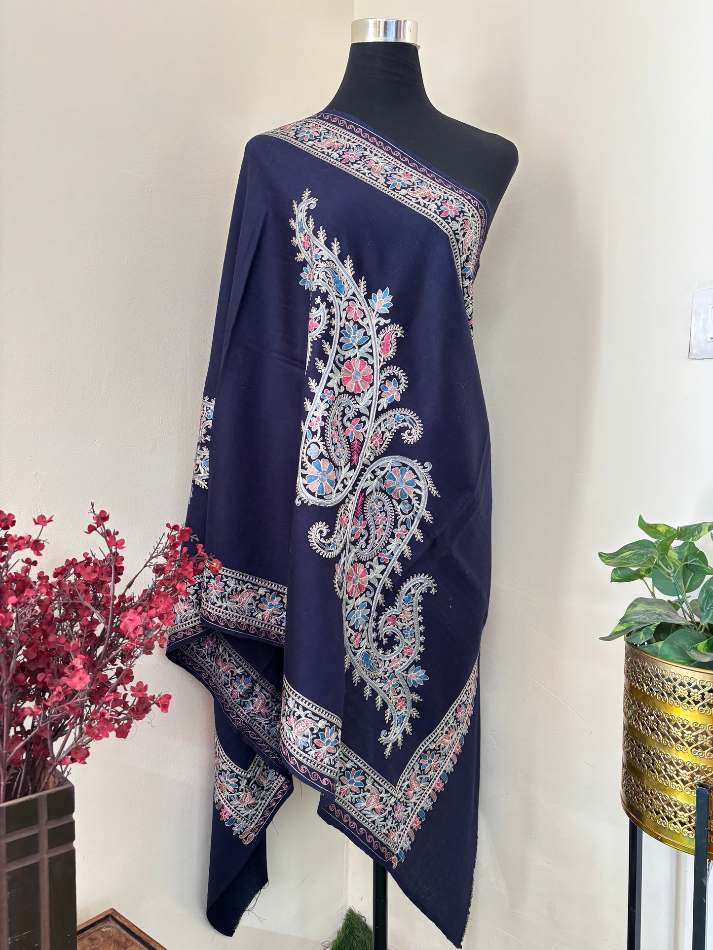 Blue Silk Thread Ambi Aangan Embroidered Fine Semi Pashmina stole