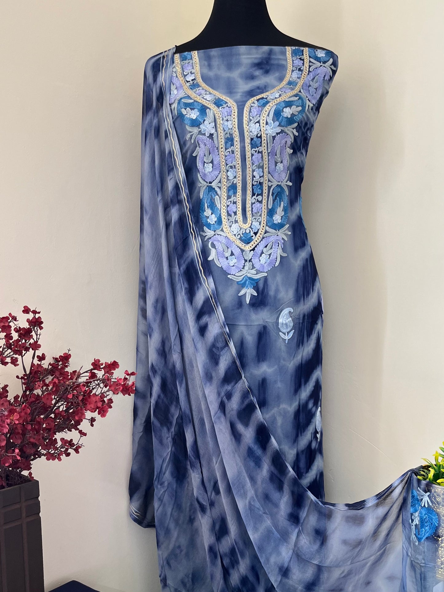 Blue Pure Georgette Ty Dy Kashmiri Suit