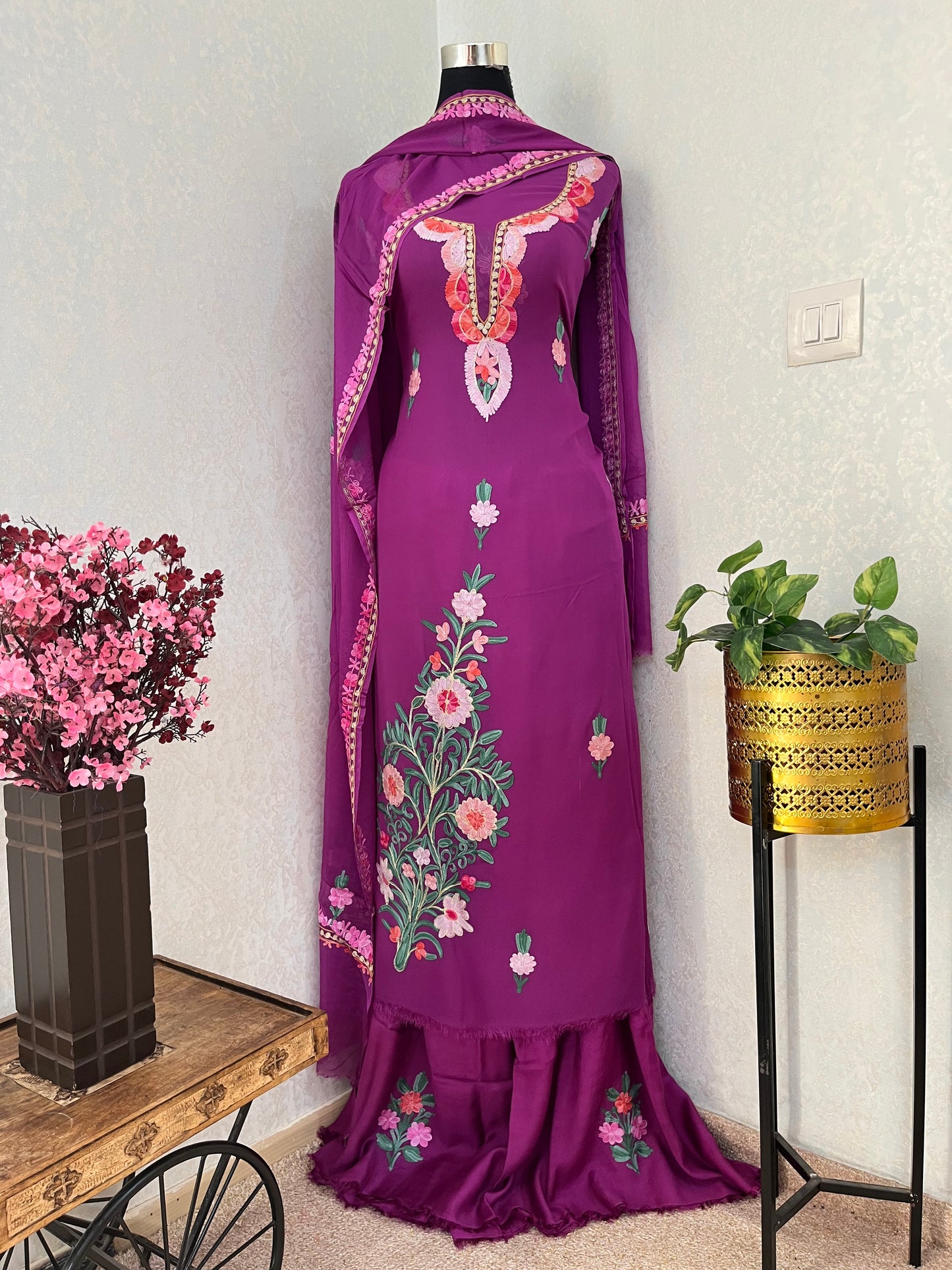 Wine Pure Georgette Aari Embroidered Suit