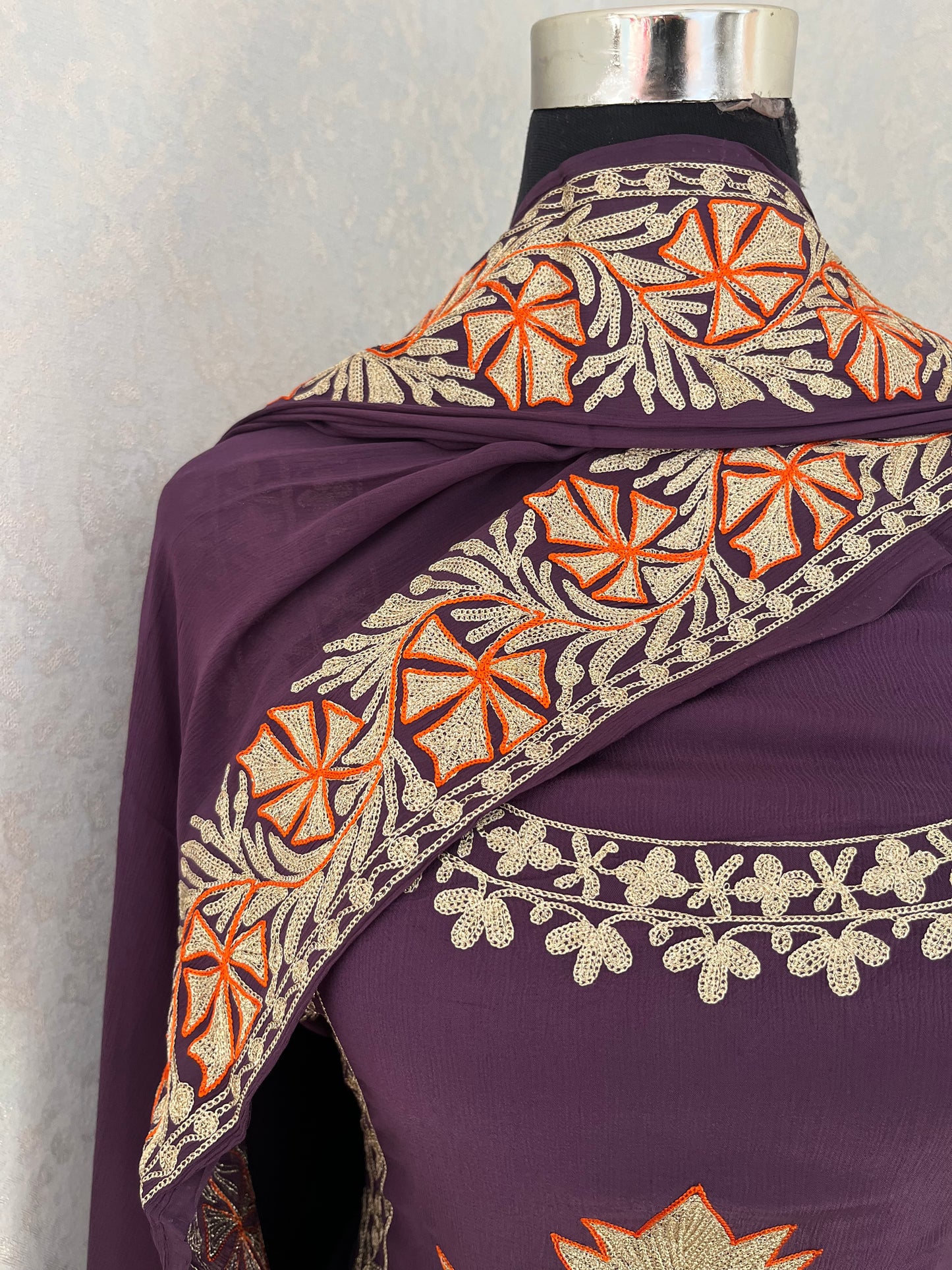 Purple Chinon 3 Pc Aari Embroidered Suit