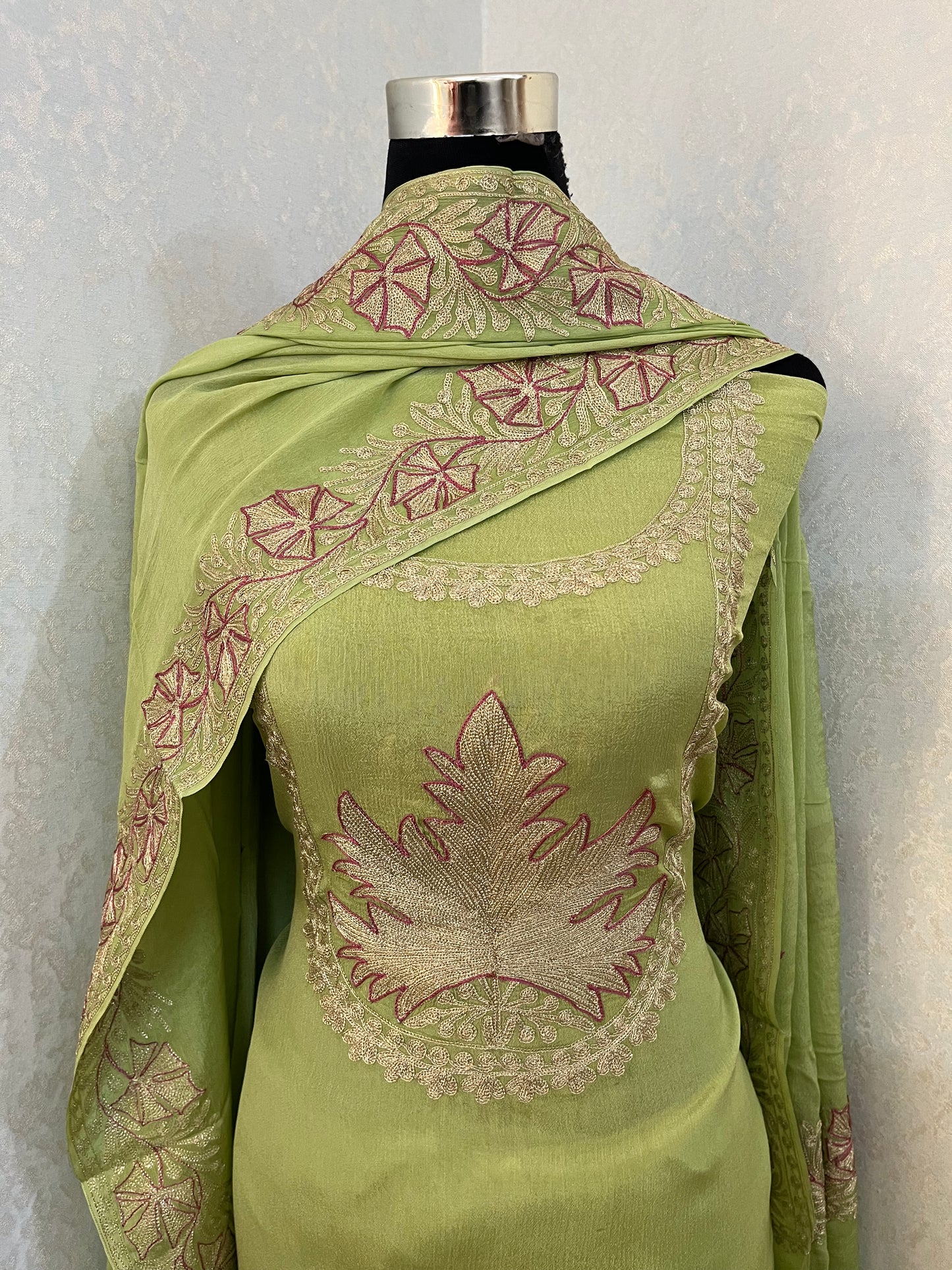 Lime Green Chinon 3 Pc Aari Embroidered Suit