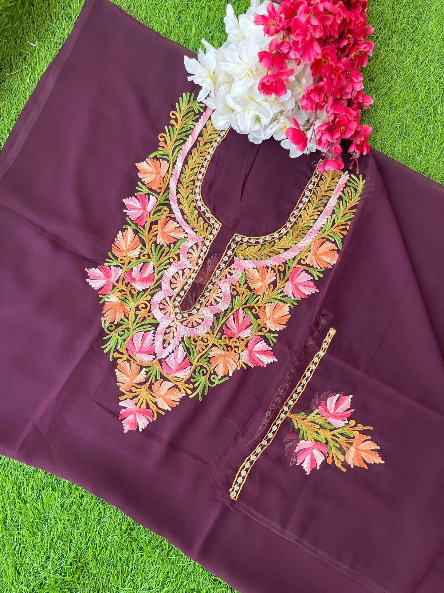 Wine Georgette Aari Embroidered Unstitched Kurta Material