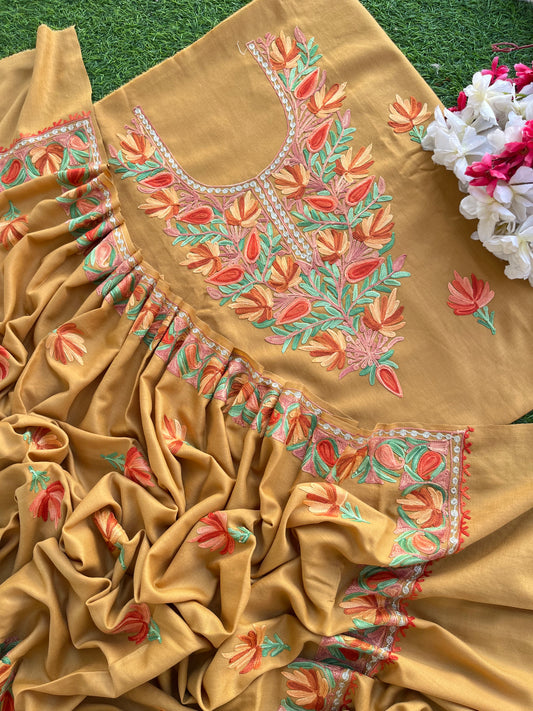 Brown Pure Wool Aari Embroidered 3pc Suit Stole