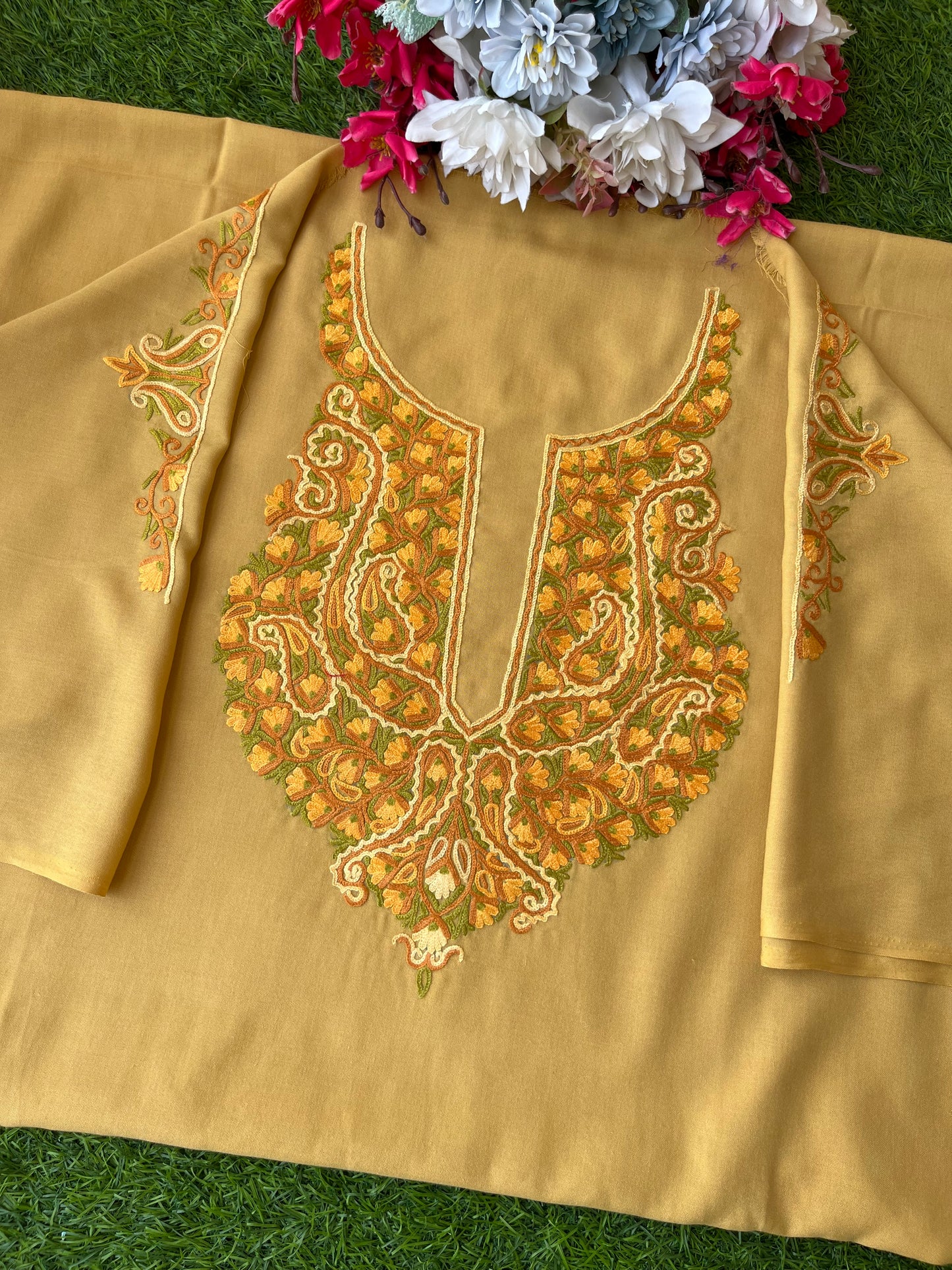 Beige Cotton Two Piece Suit (Hand Embroidered)