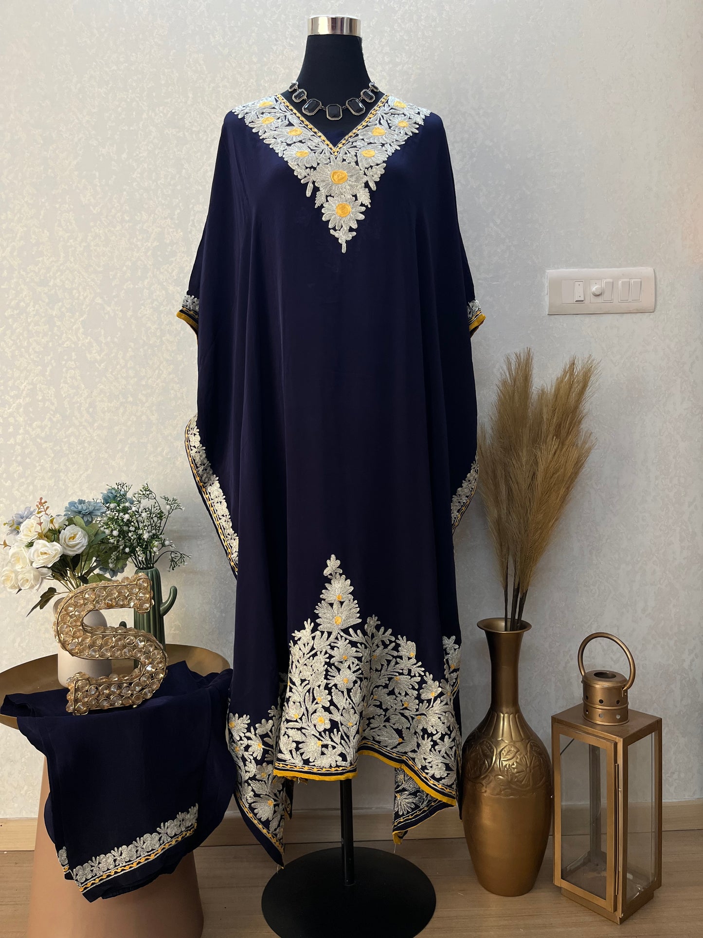 Navy Blue Crape Kashmiri Kaftan Set