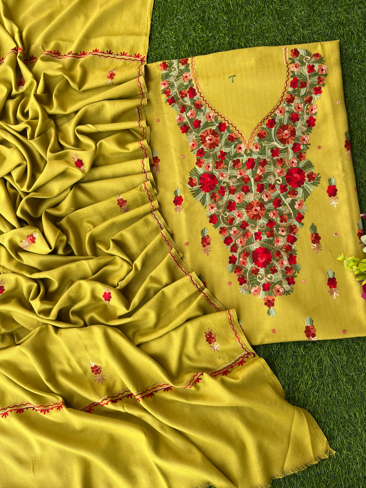 Lime Green Woollen Aari Embroidered 3pc suit