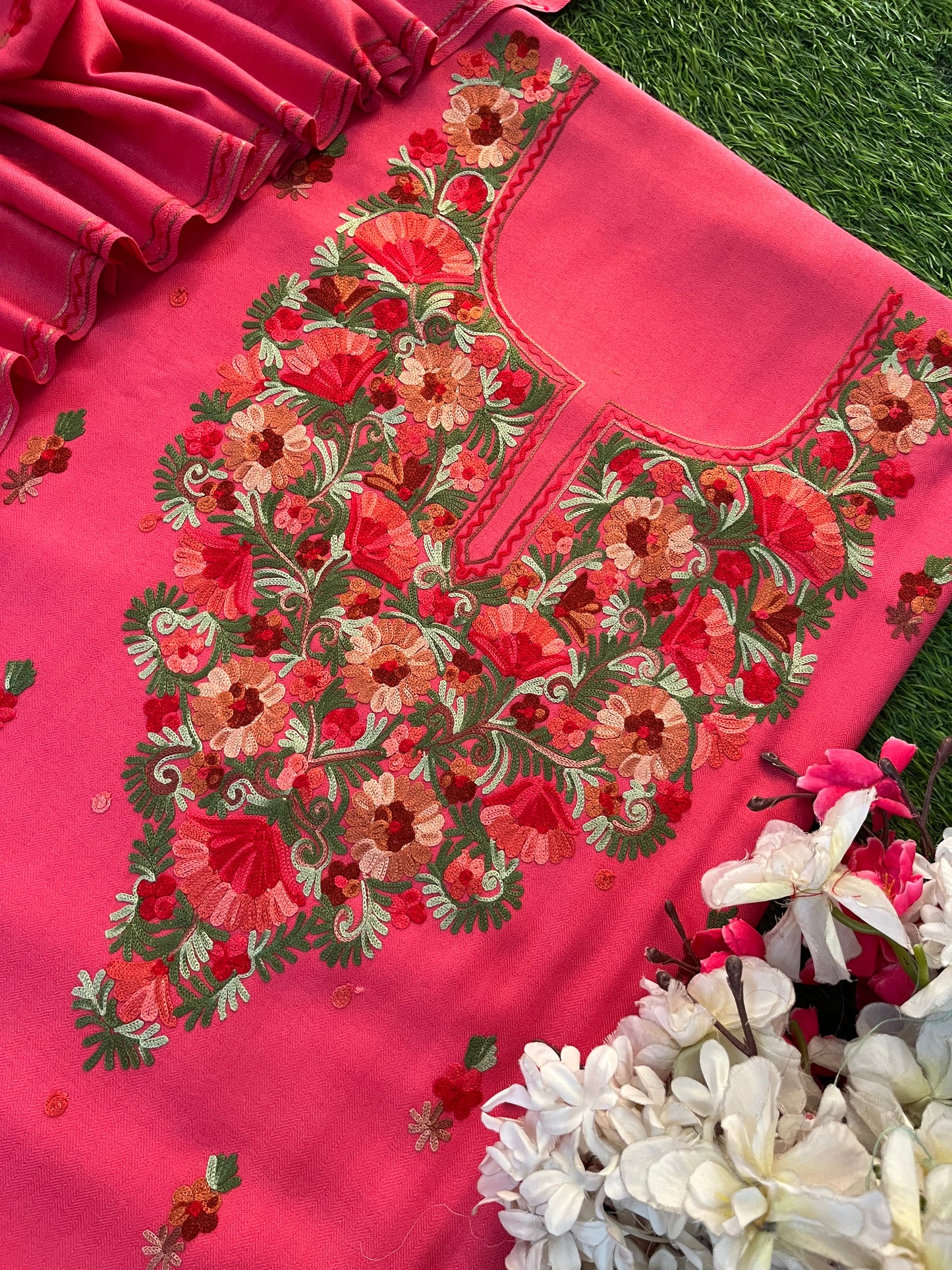 Candy Pink Woollen Aari Embroidered 3pc suit
