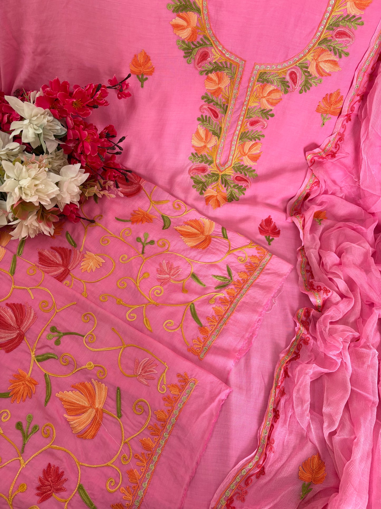Soft Pink Muslin Cotton Jaal Sleeves Kashmiri 3pc Suit