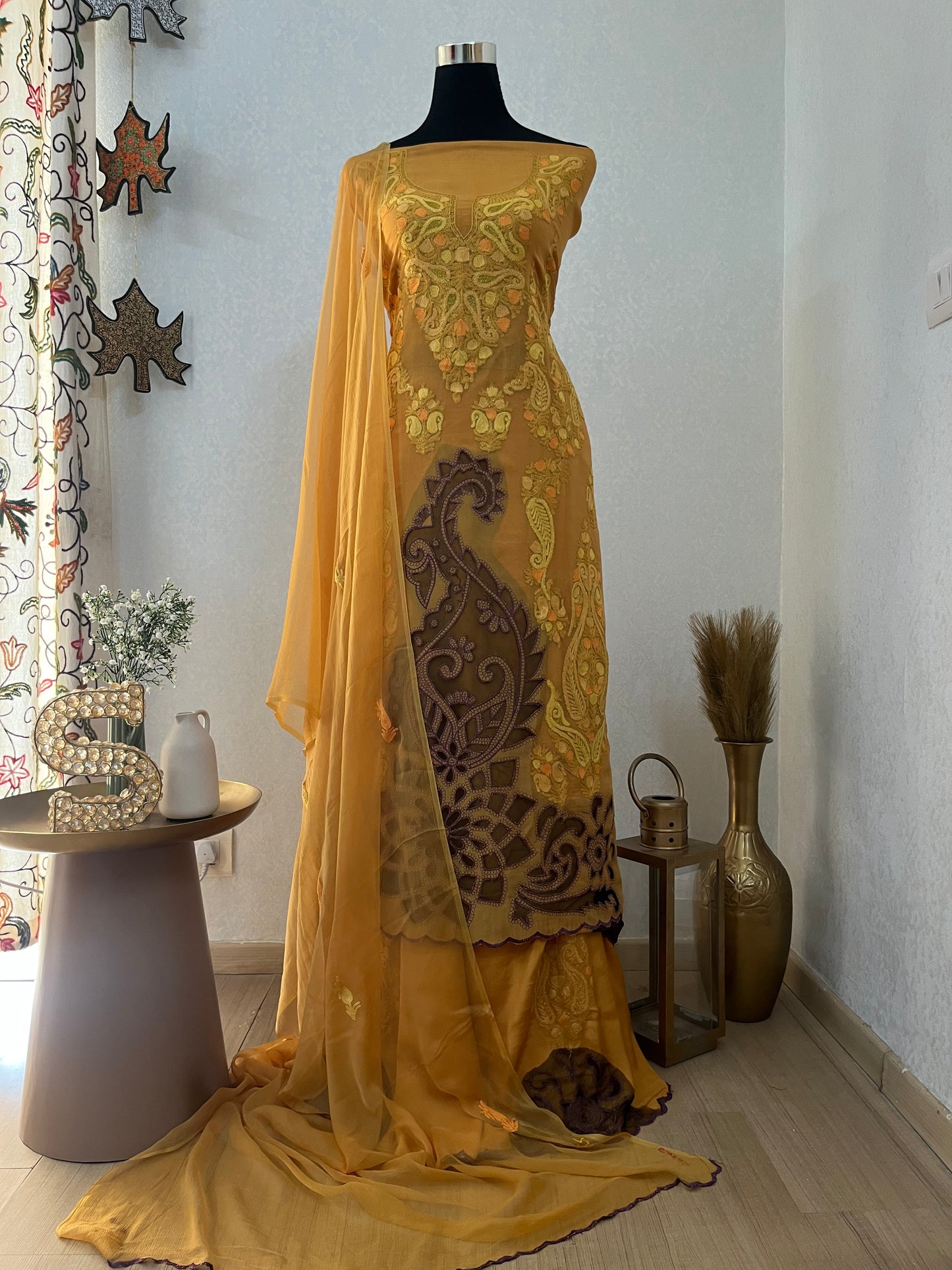 Mustard Yellow Pure Organza Cut Work Kashmiri Suit