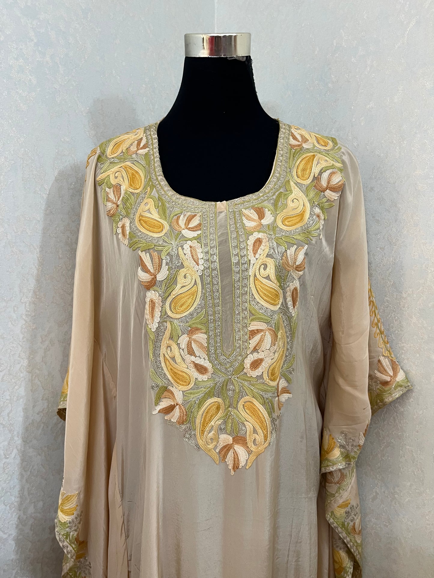 Beige Pure Crape Kashmiri Kaftan