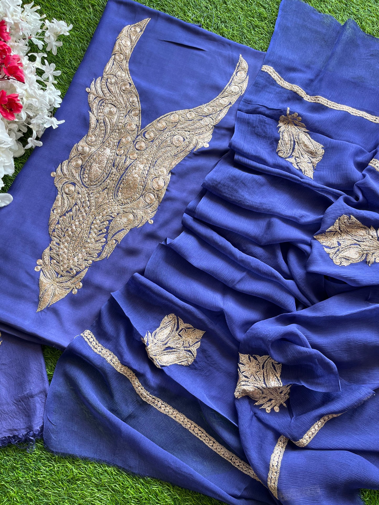 ‘Kalaa’ Blue Muslin Silk Tilla Embroidered Suit material