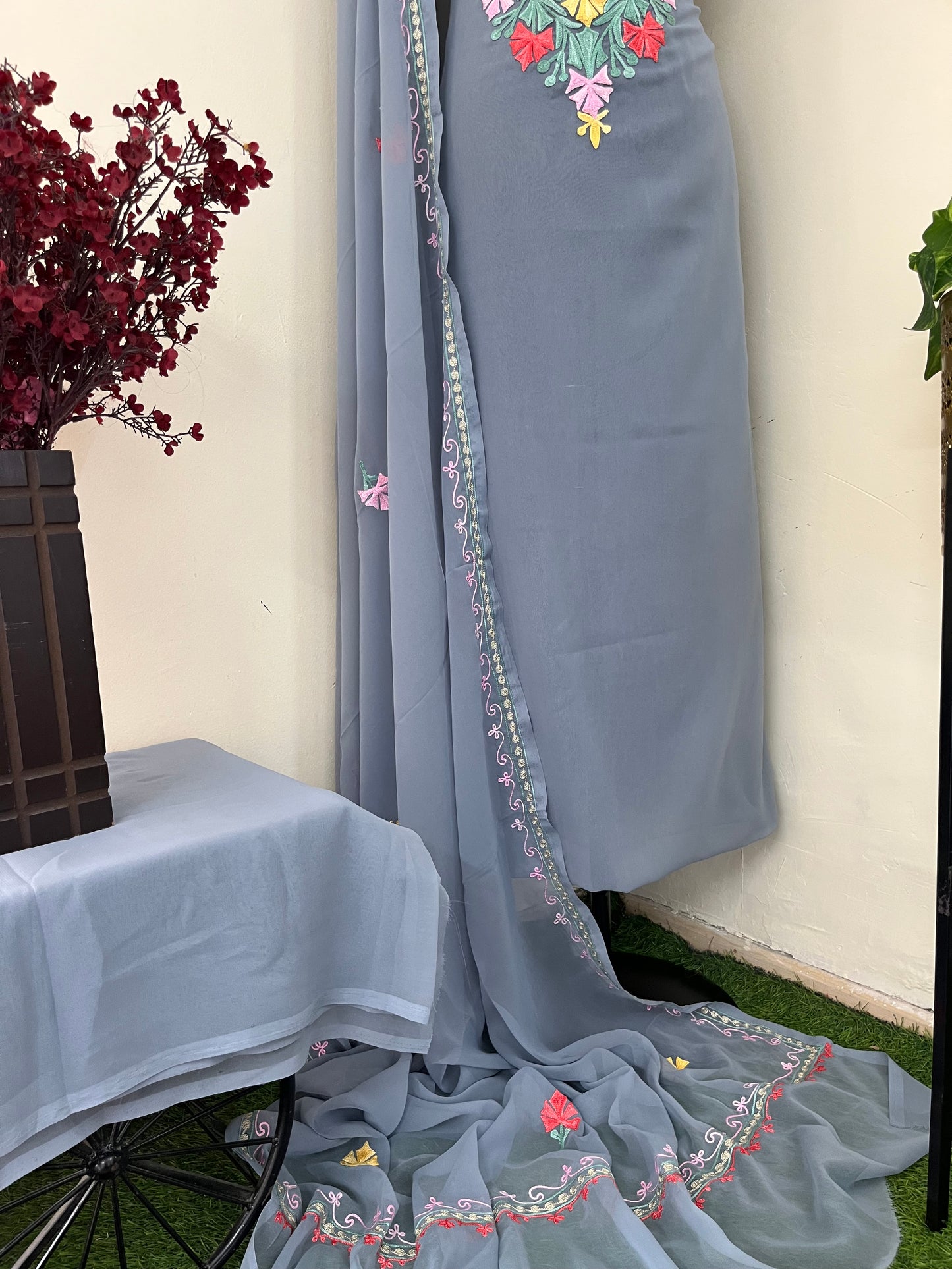 Steel Grey Georgette 3 Pc Aari Embroidered Suit Set