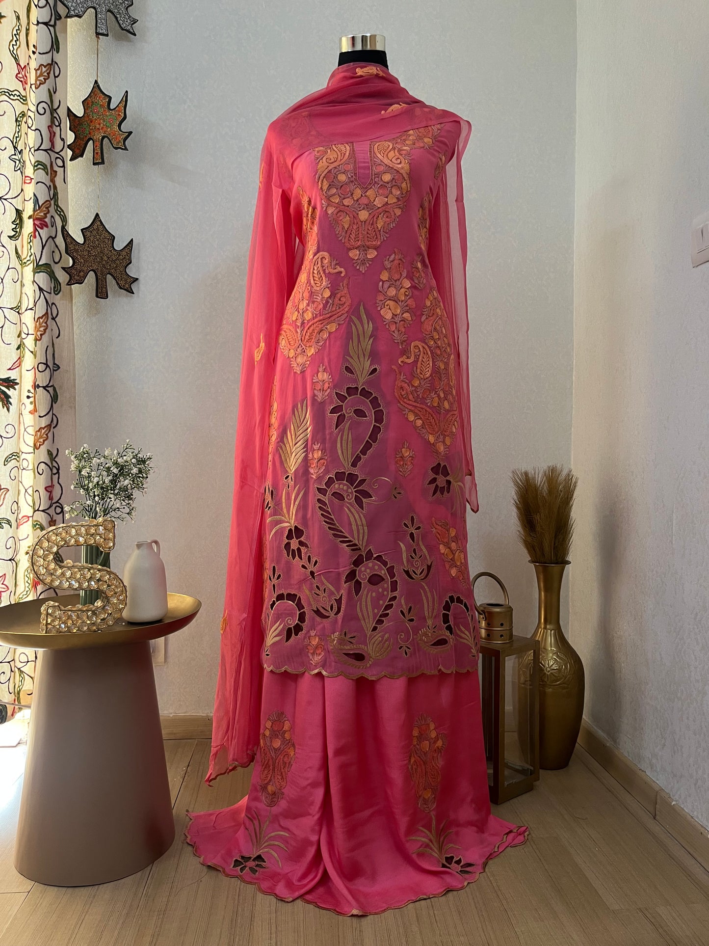 Pink Pure Organza Cut Work Kashmiri Suit
