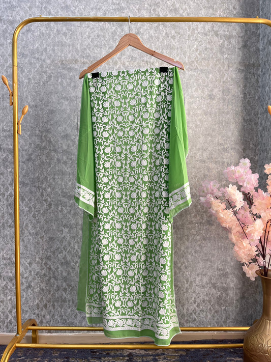 Georgette Green Jaal Work Semistitched Kurta Material