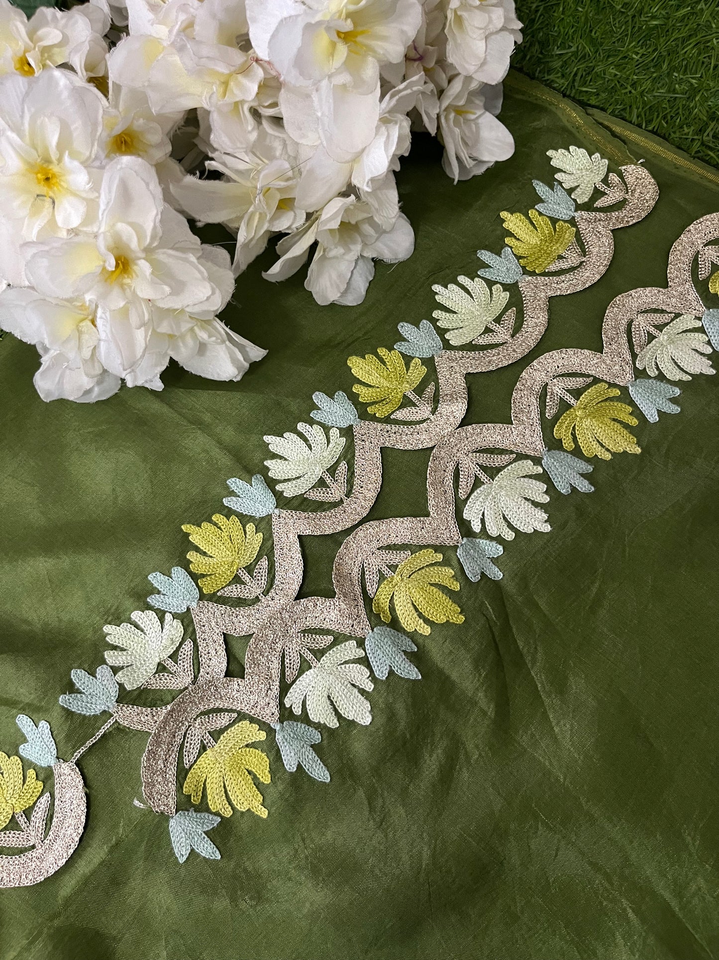 Sanam’ Henna Green Silk Aari Embroidered Suit material