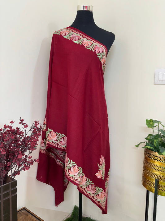 Maroon Fine Semi Pashmina Aari Embroidered stole