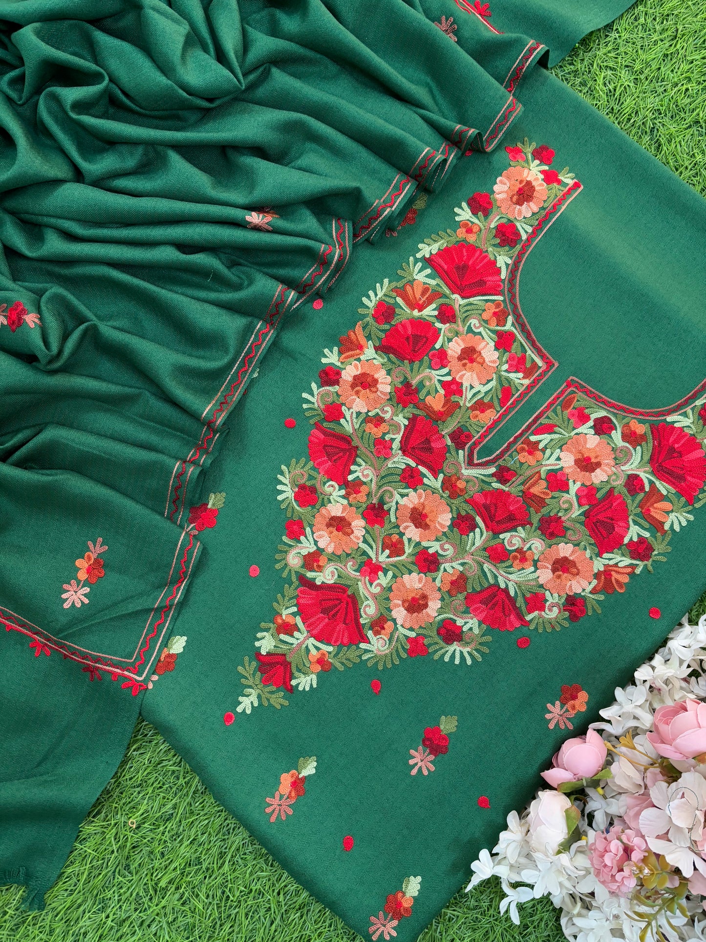 Bottle Green Woollen Aari Embroidered 3pc suit