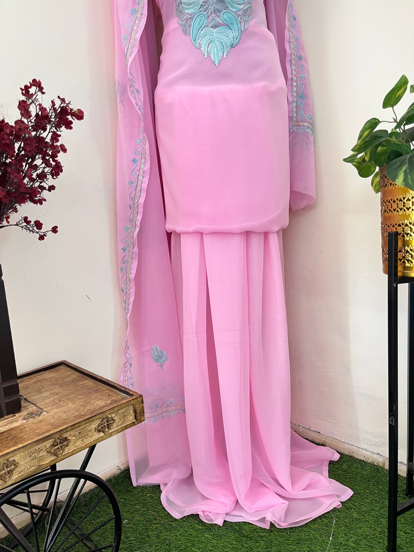 Soft Pink Georgette 3 Pc Aari Embroidered Suit Set