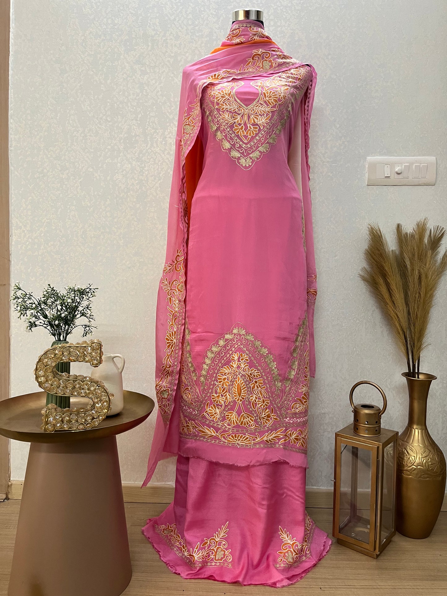 Pink Pure Chinon 3 Pc Heavy Front Back Kashmiri Suit