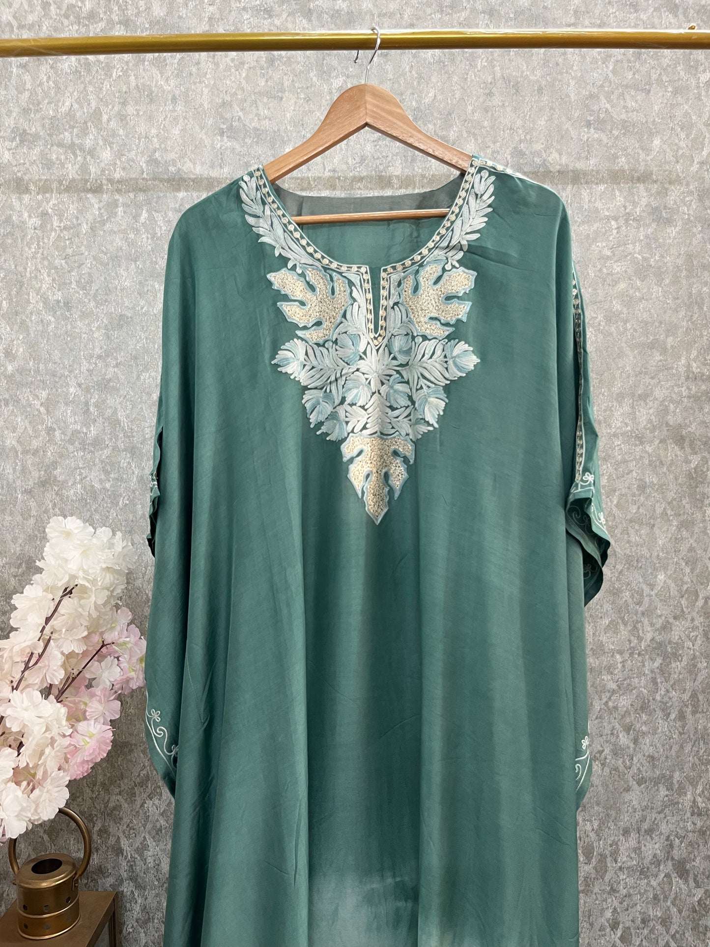 Green Pure Muslin Cotton Kashmiri Kaftan