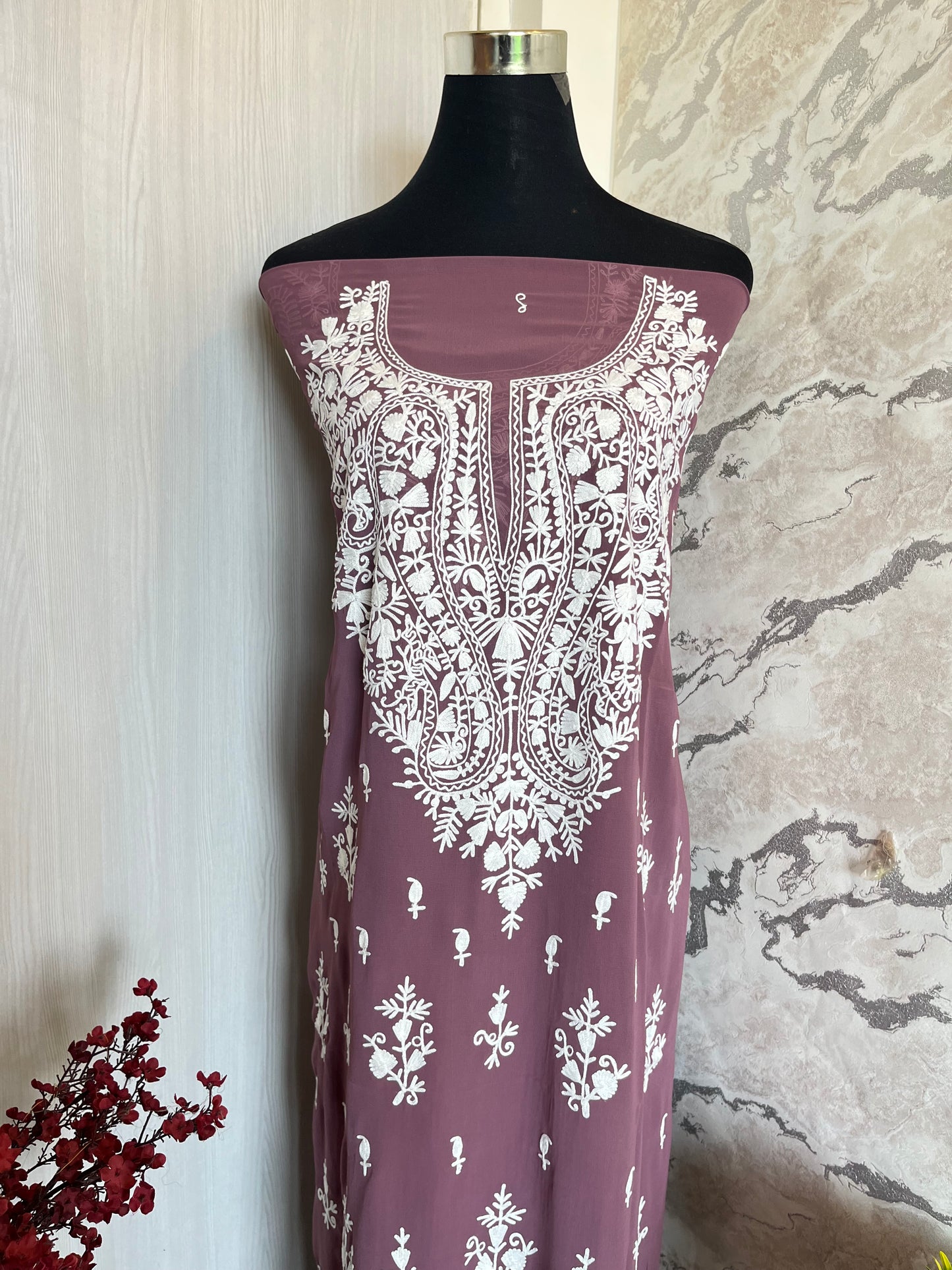 Georgette Blackish Purple All over Work Aari Embroidered Unstitched Kurta Material