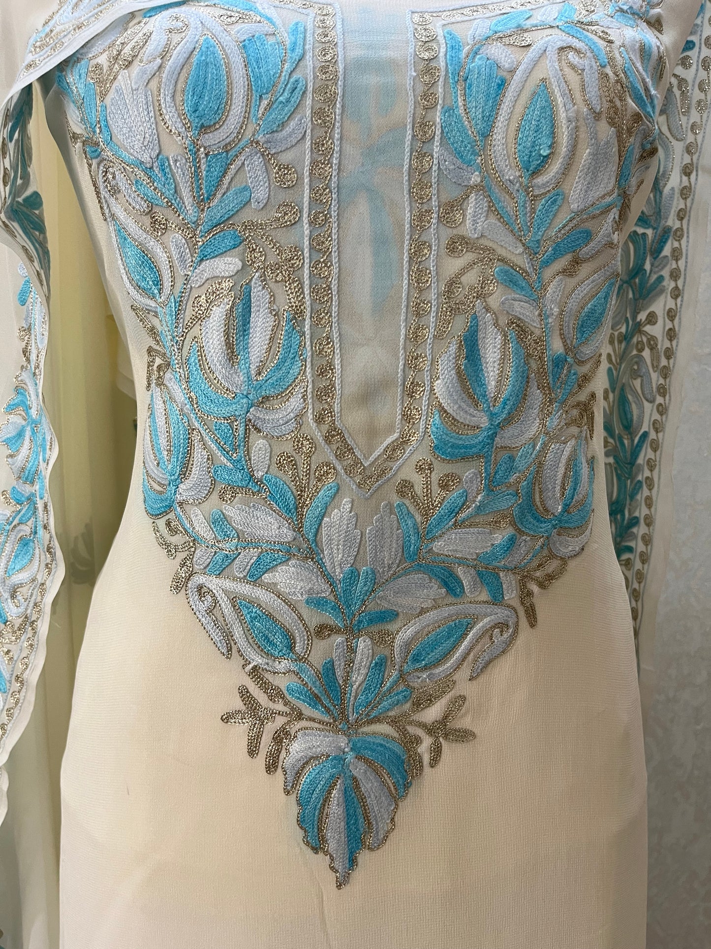 Off White Pure Georgette Kashmiri Suit