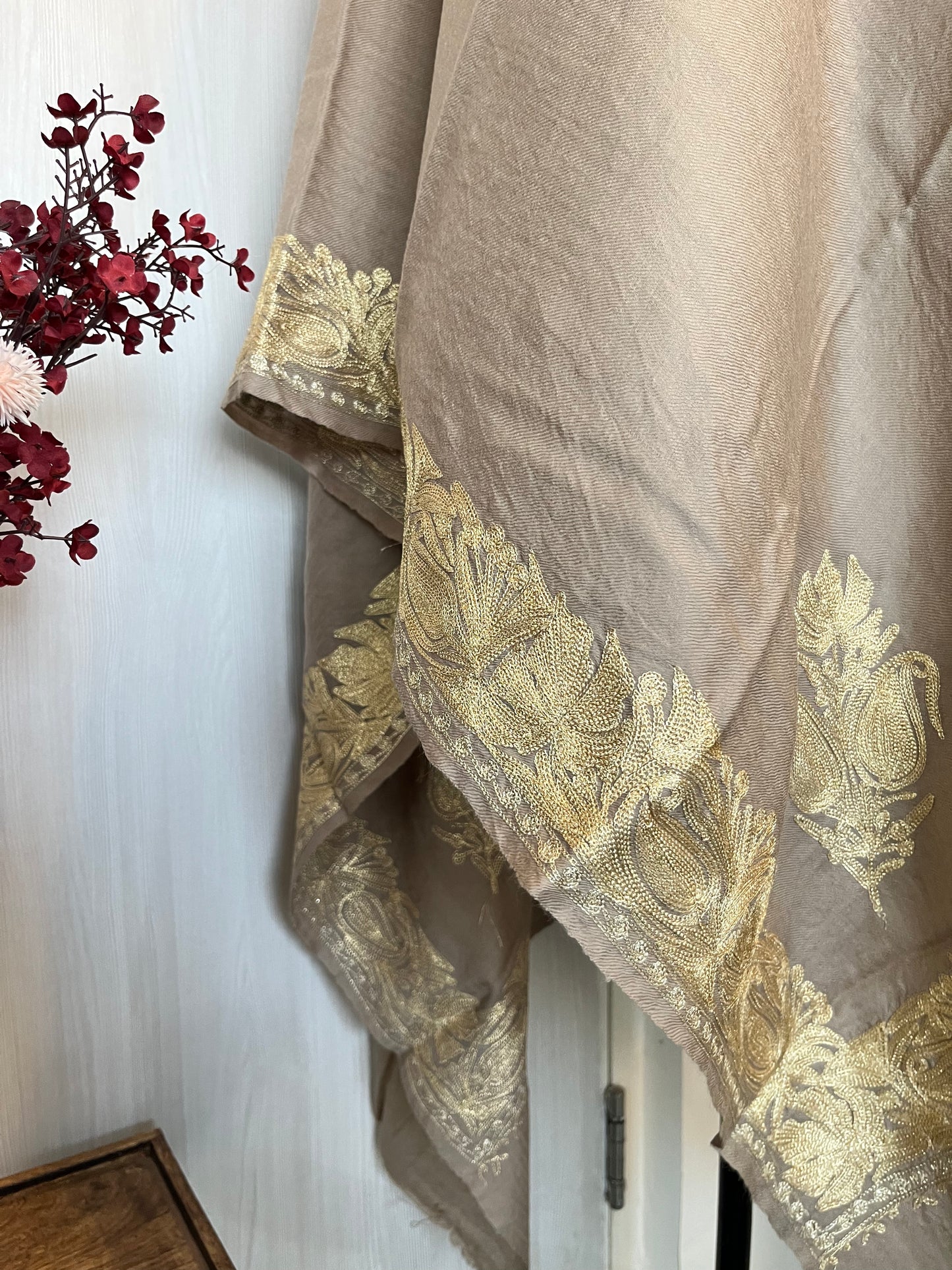 Nude Beige Fine Semi Pashmina Tilla Embroidered stole