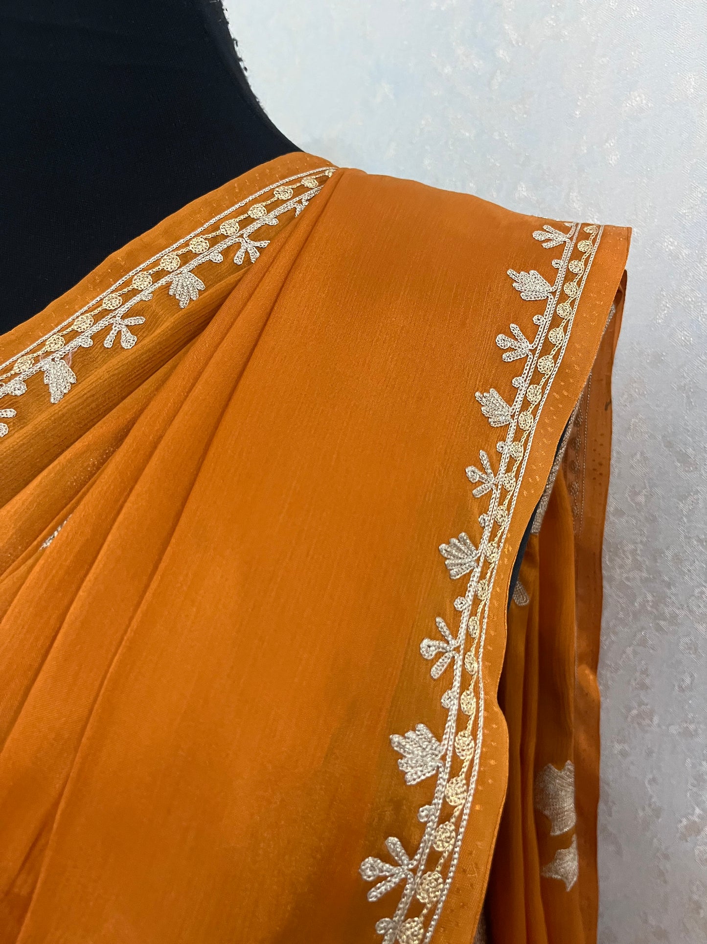 Soft Orange Pure Chinon Kashmiri Tilla Saree