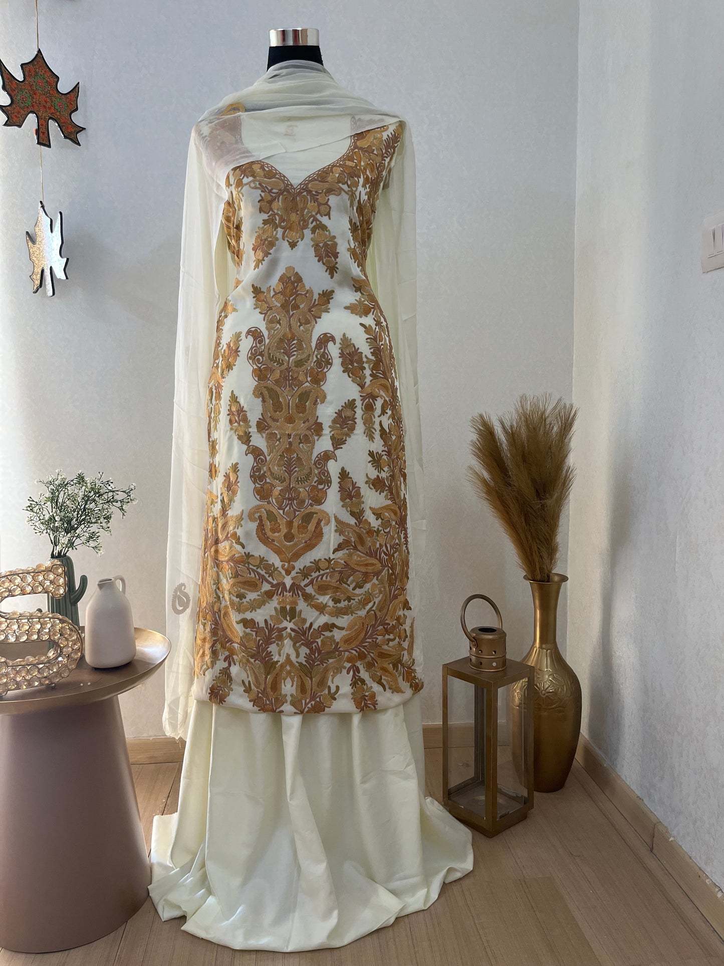 Ivory Satin Cotton Kashmiri Suit
