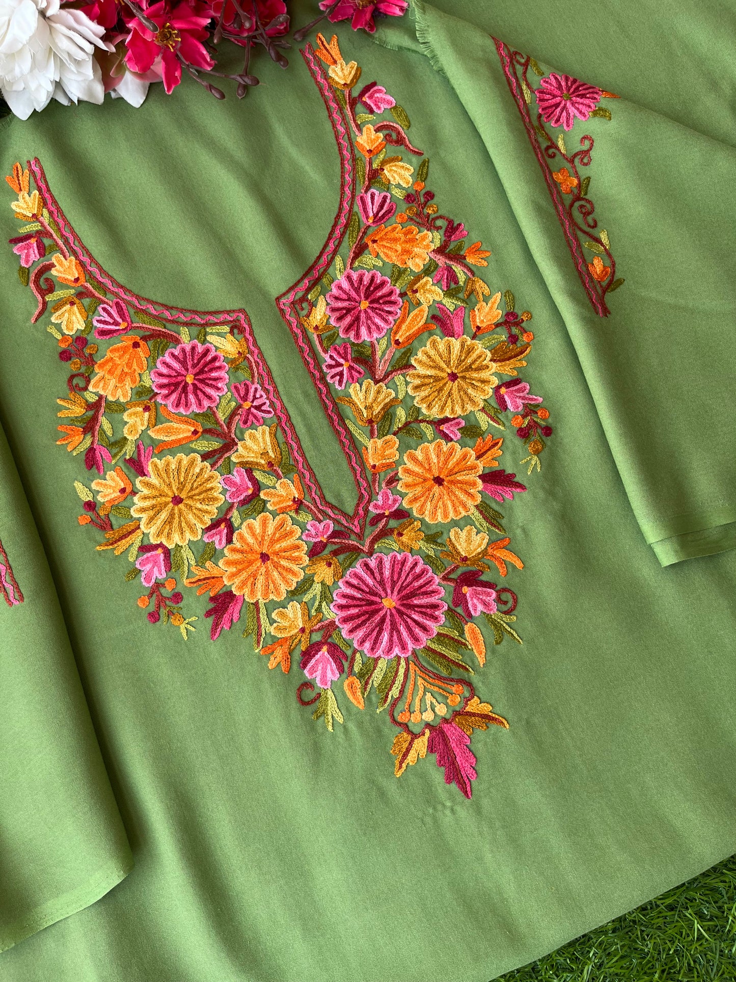 Green Cotton Two Piece Suit (Hand Embroidered)