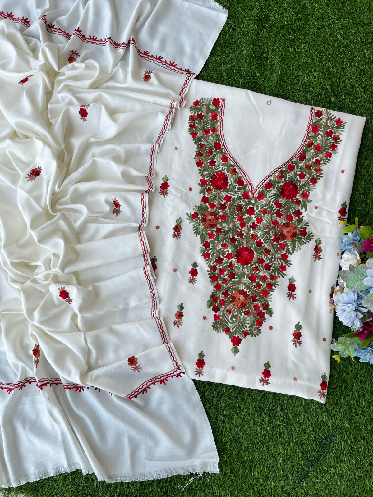 Off White Woollen Aari Embroidered 3pc suit