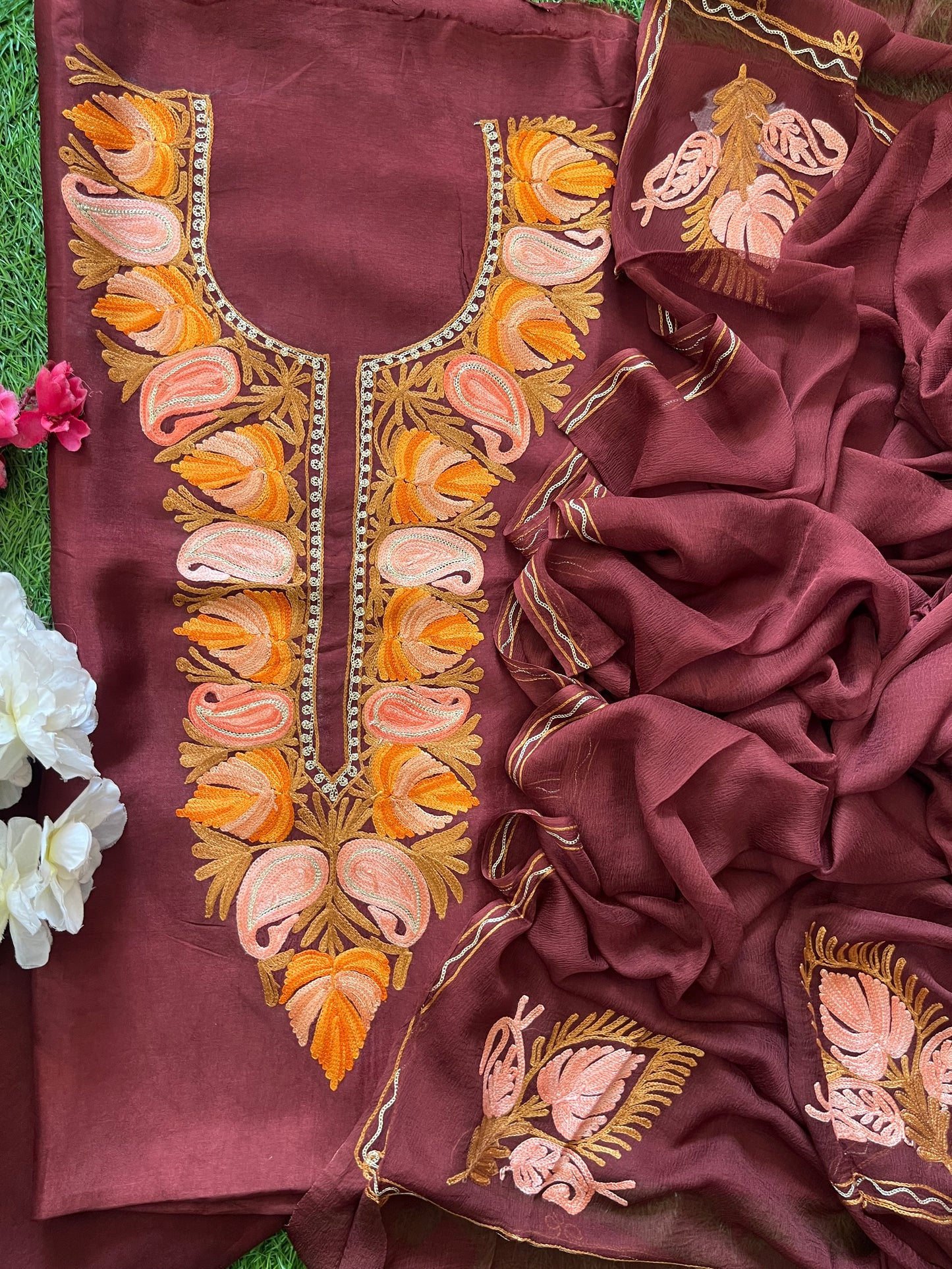 Chocolate Brown Opada Silk Aari Embroidered Suit material