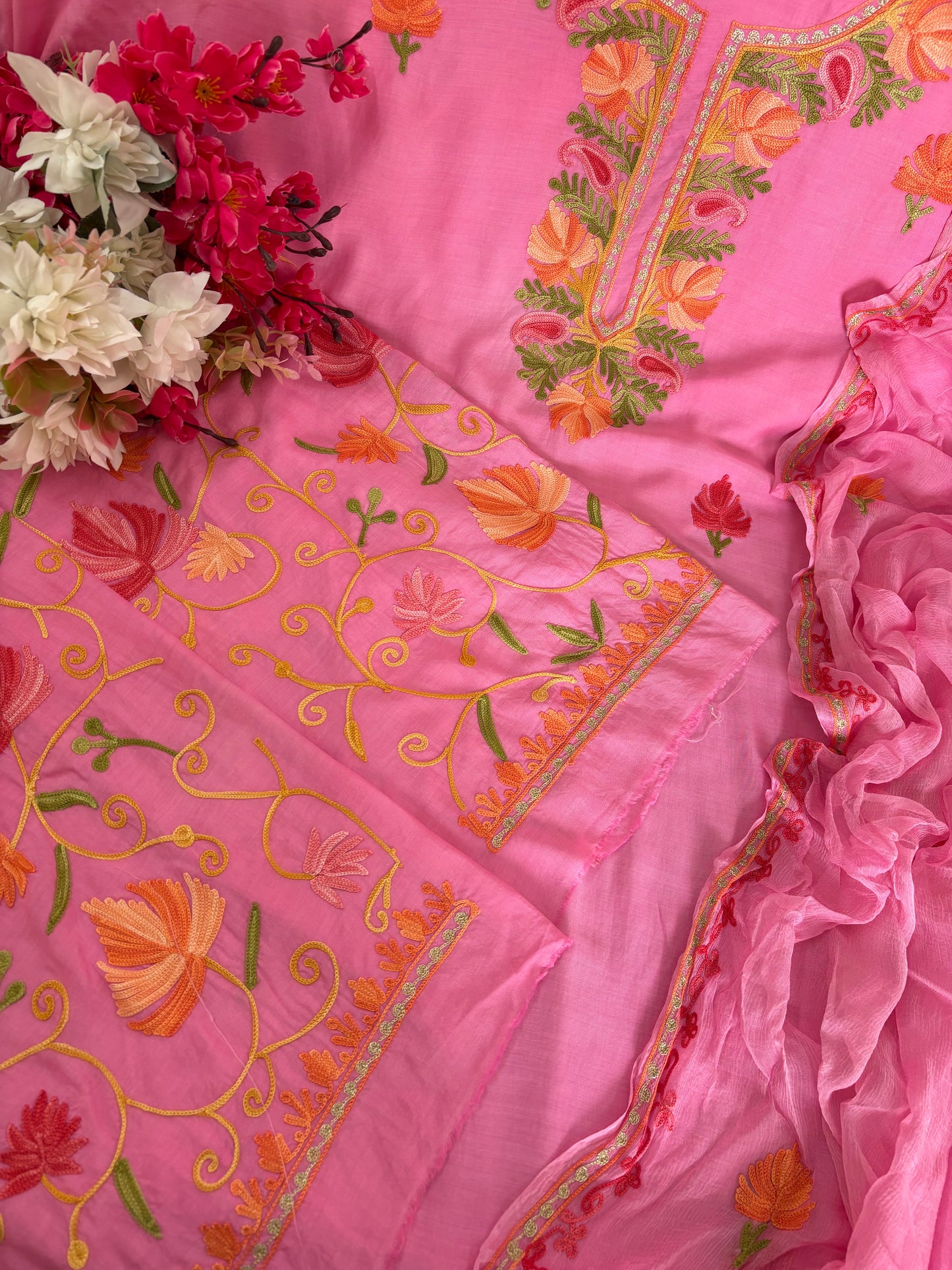 Soft Pink Muslin Cotton Jaal Sleeves Kashmiri 3pc Suit