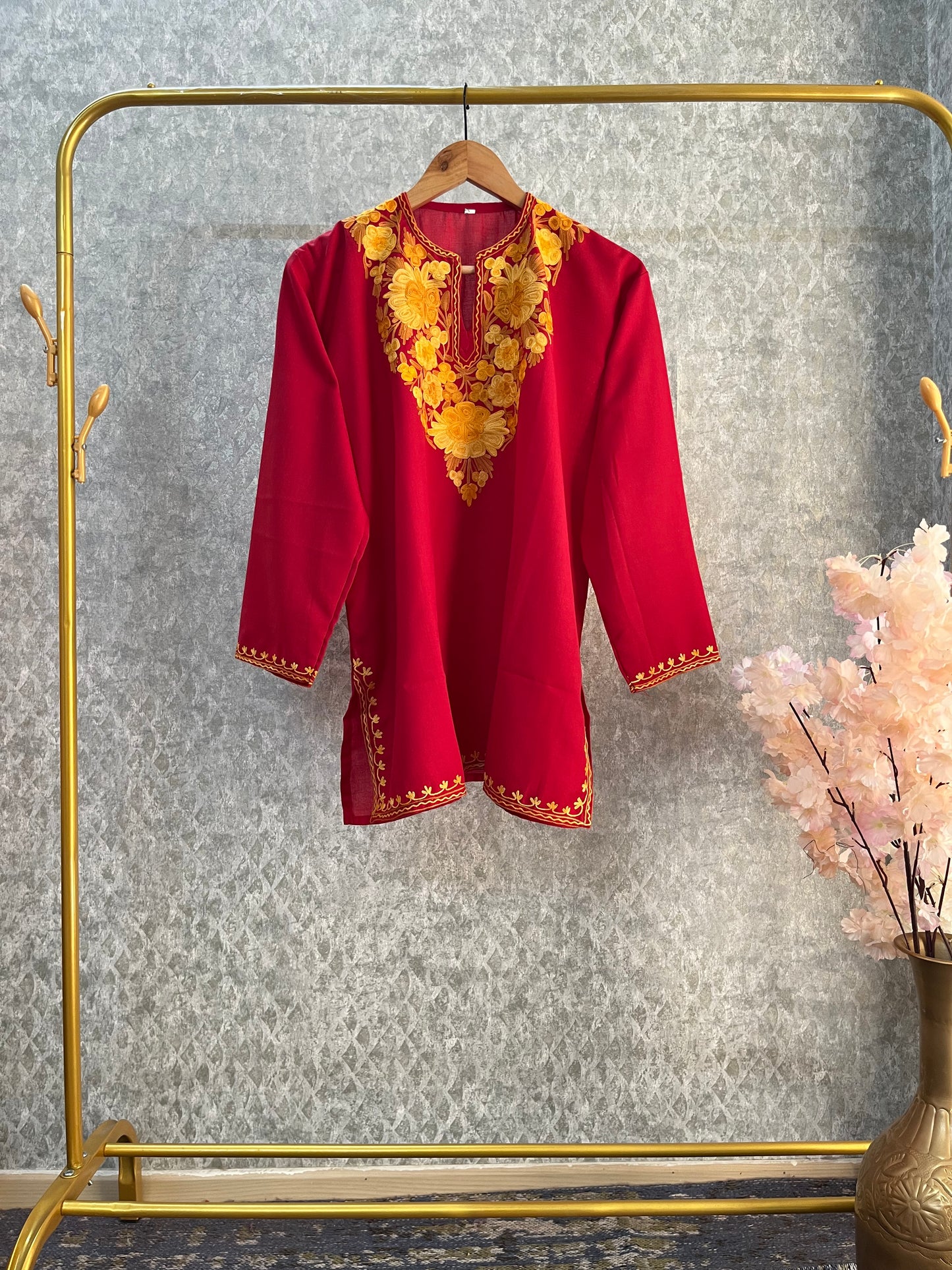 Red Cotton Aari Work Kurti