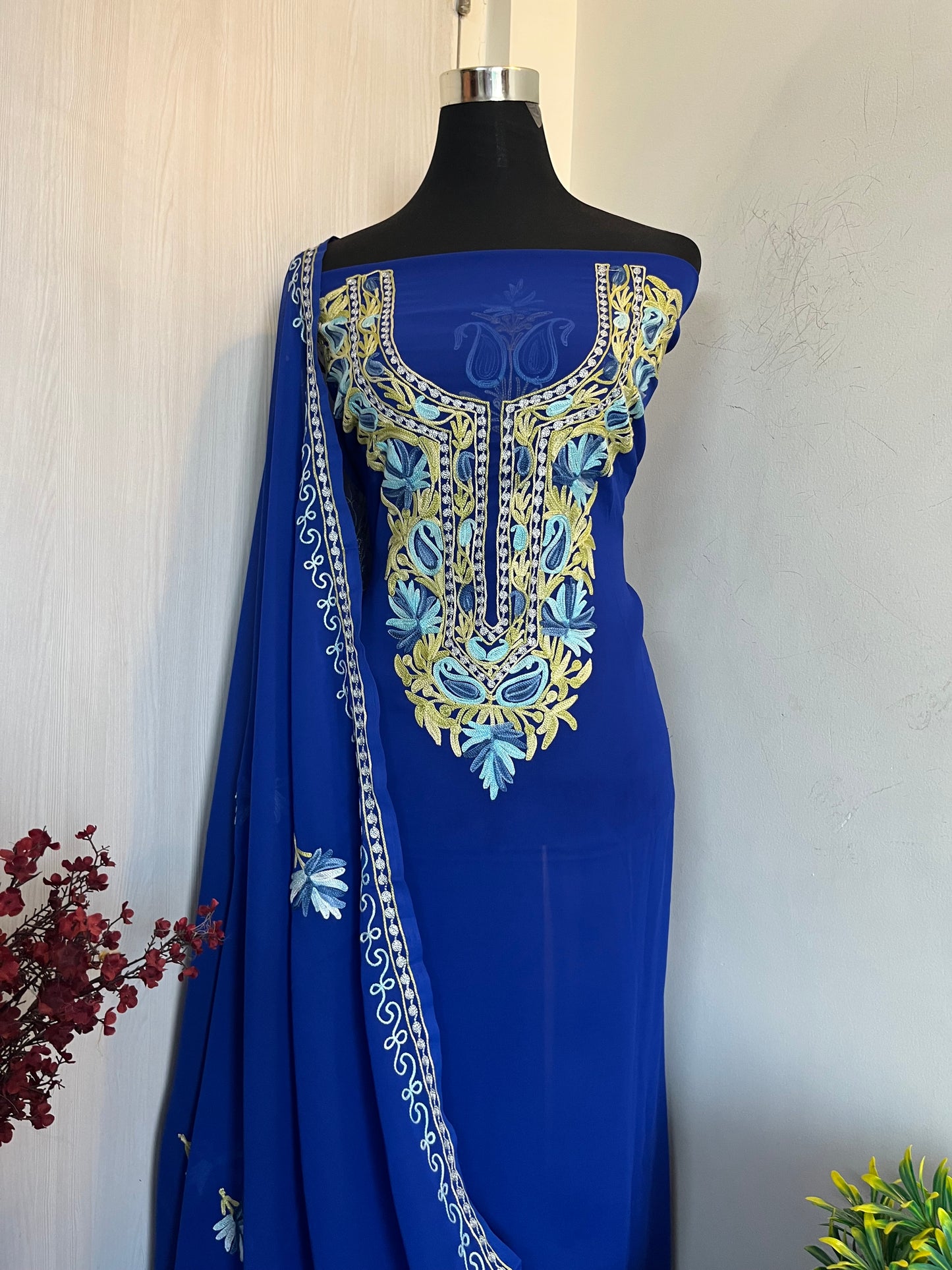 Georgette Royal Blue Two Piece Shirt and Dupatta Aari Embroidered Suit set