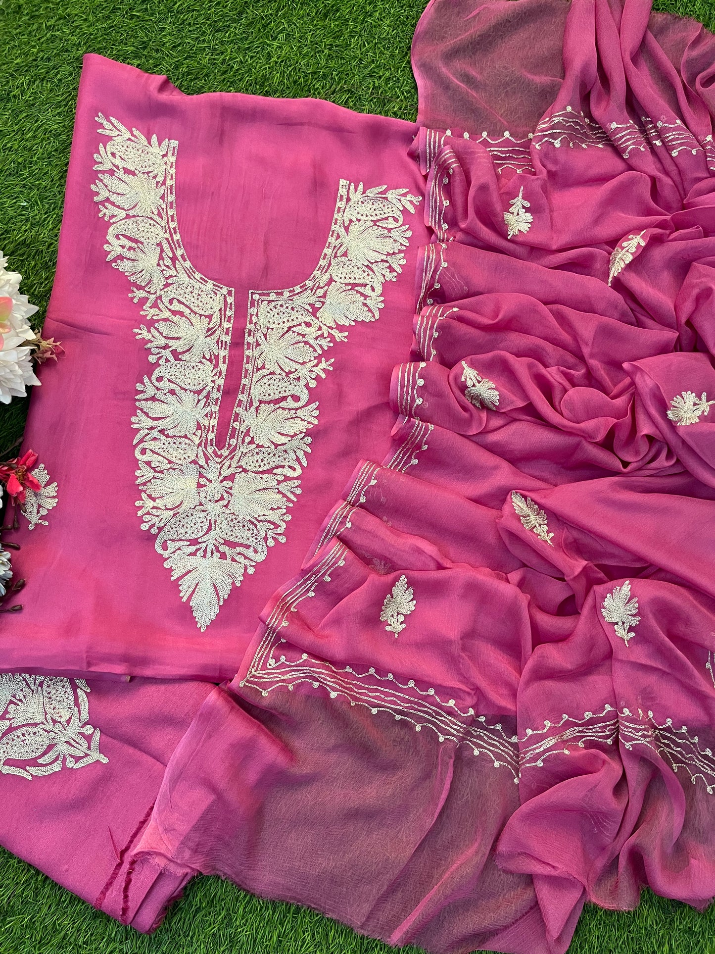 Rose Pink Silk Tilla Kashmiri Suit