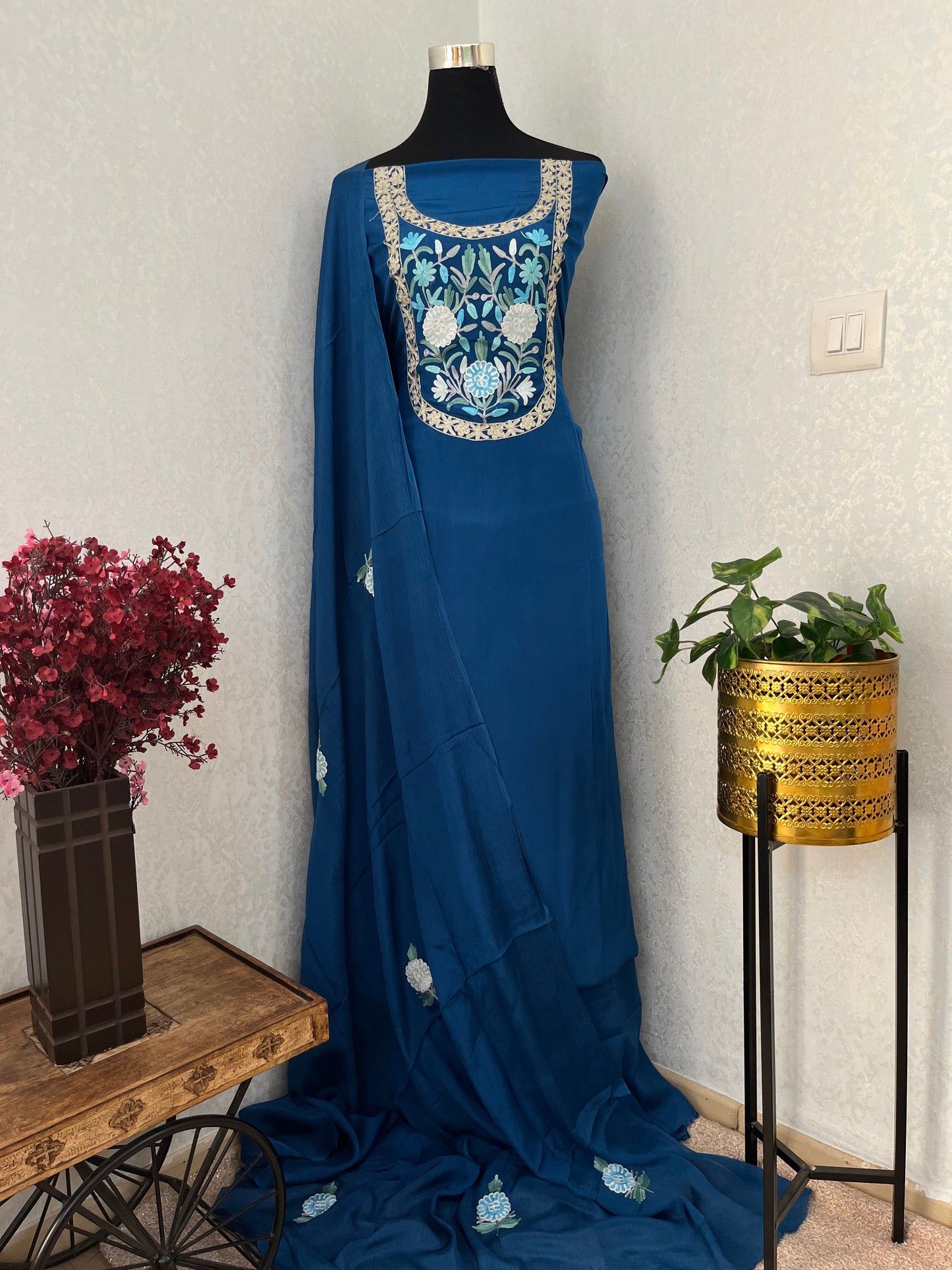 Cobalt Blue Kalaa’ Crape Kashmiri Suit