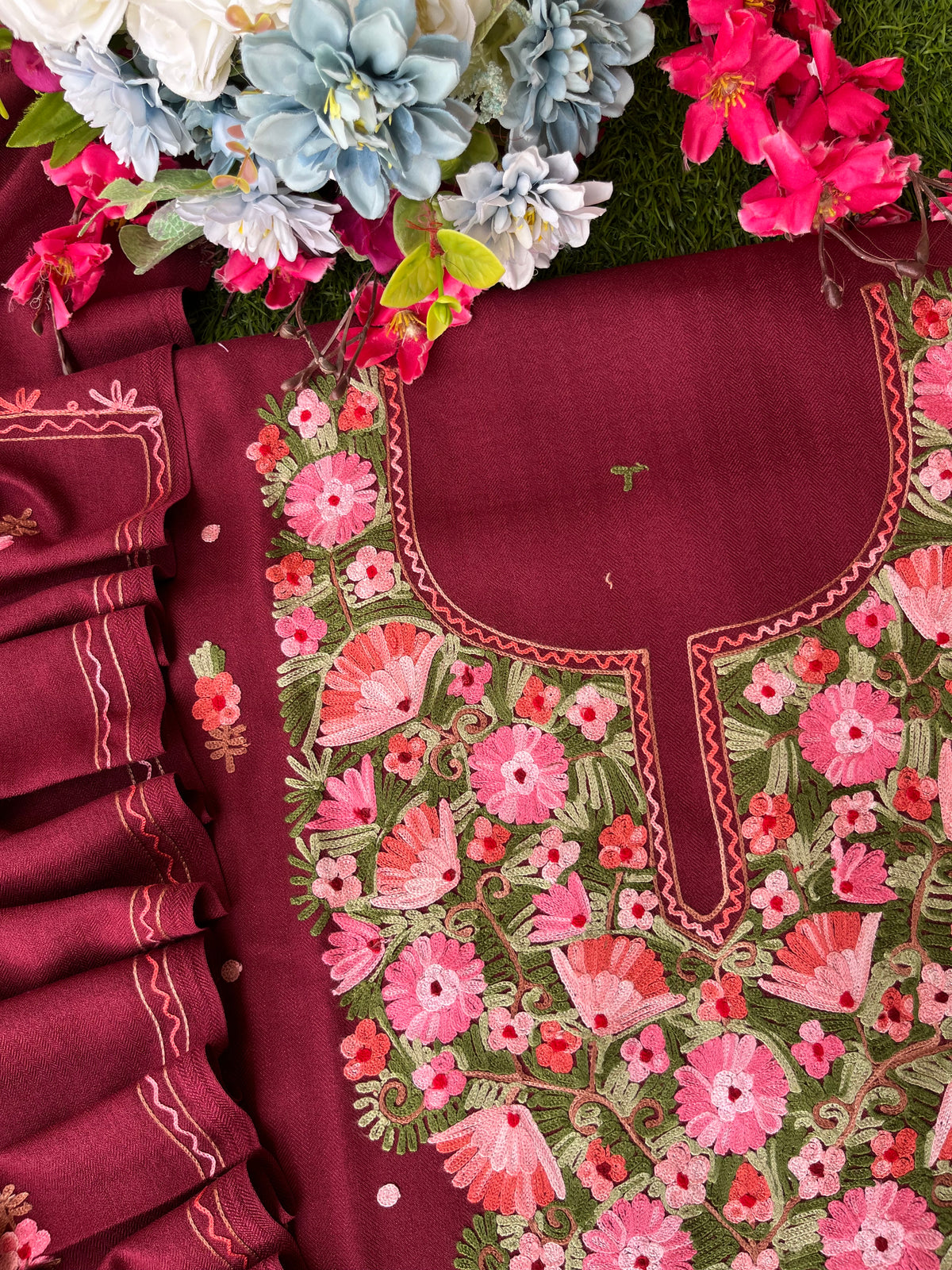 Maroon Woollen Aari Embroidered 3pc suit
