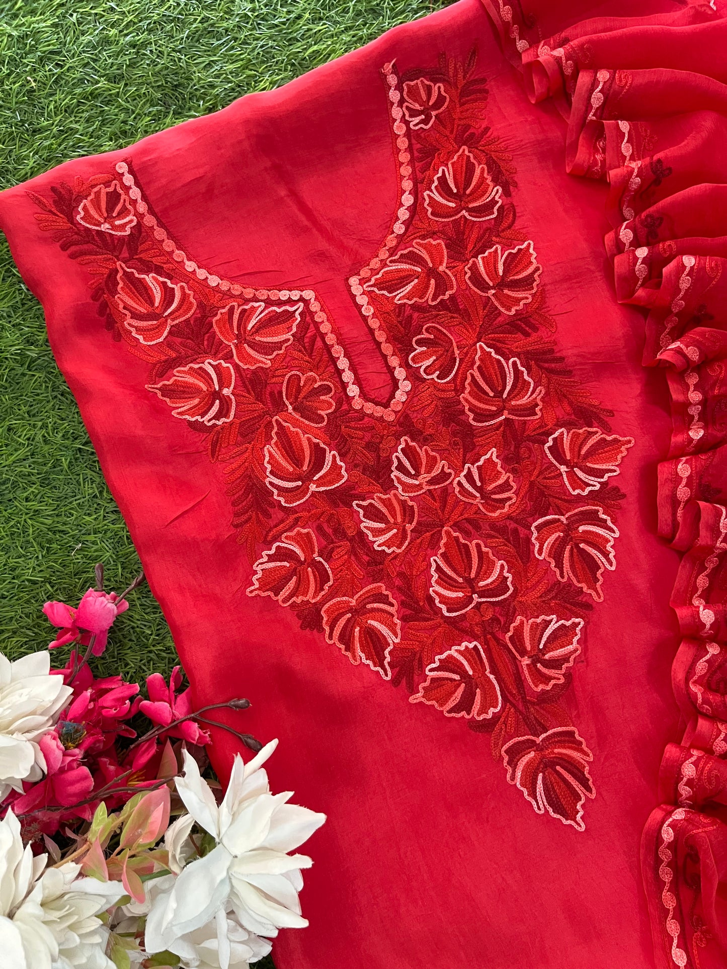 Red Opada Silk Kashmiri Suit
