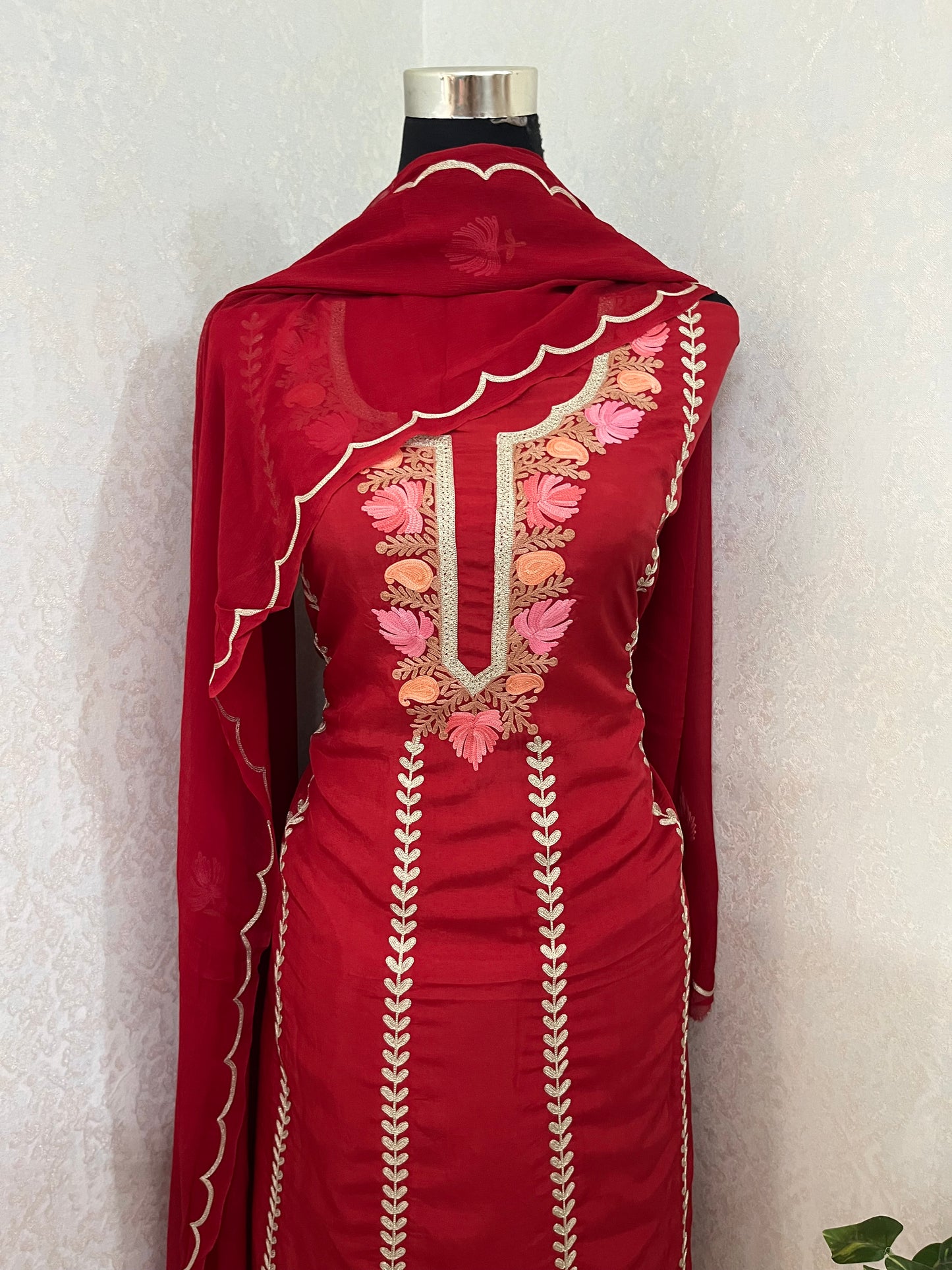 Sanam’ Maroon Silk Aari Embroidered Suit material