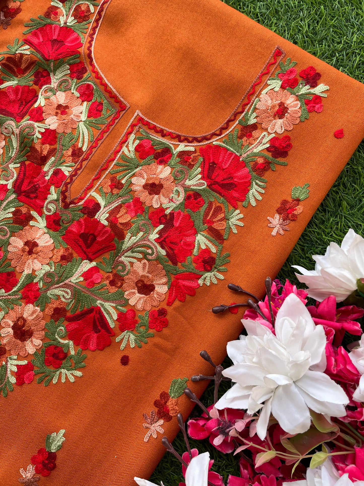 Orange Woollen Aari Embroidered 3pc suit