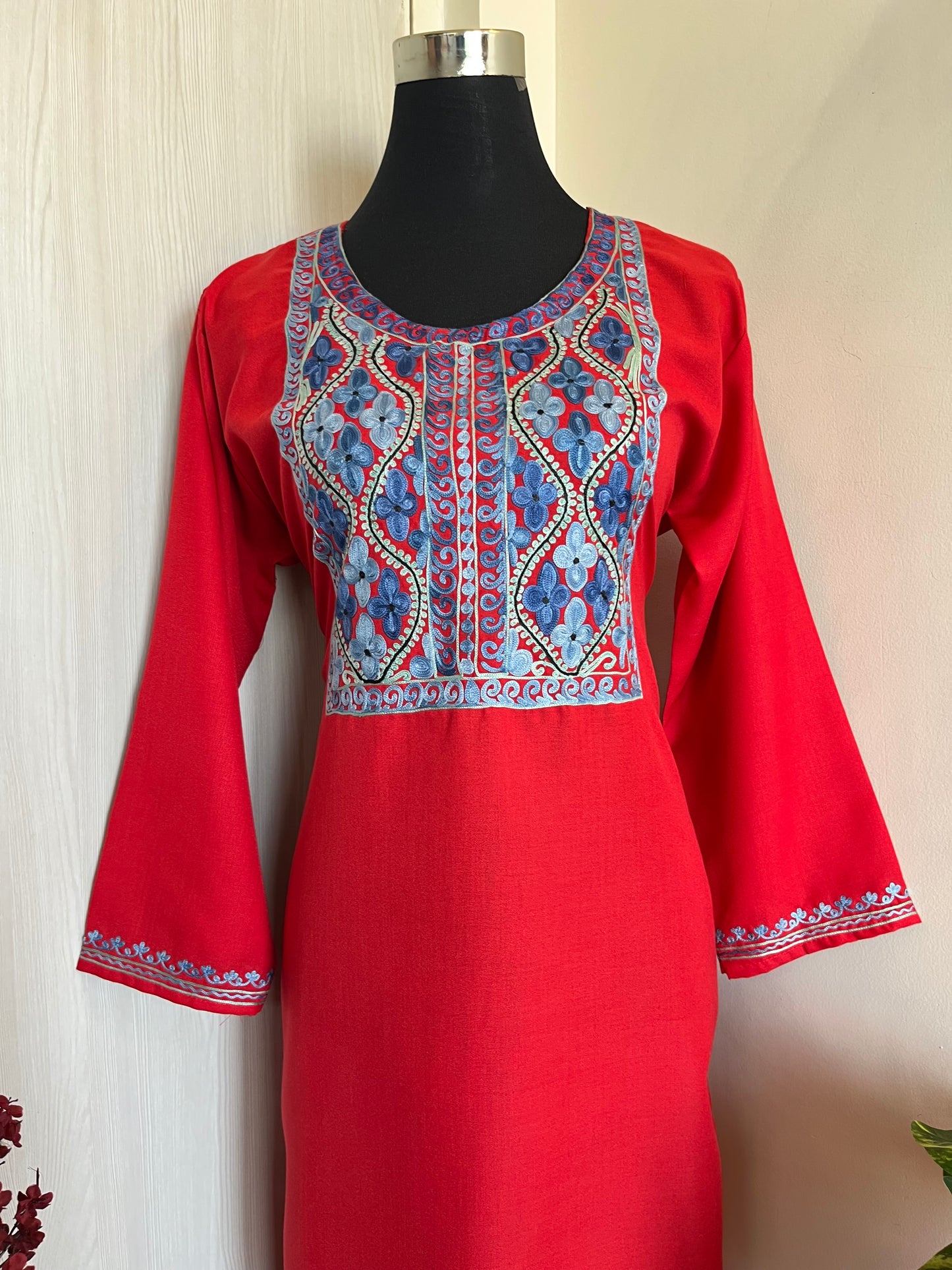 Red Cotton Aari Work Kurti (Free Size up to Bust 46 inches )