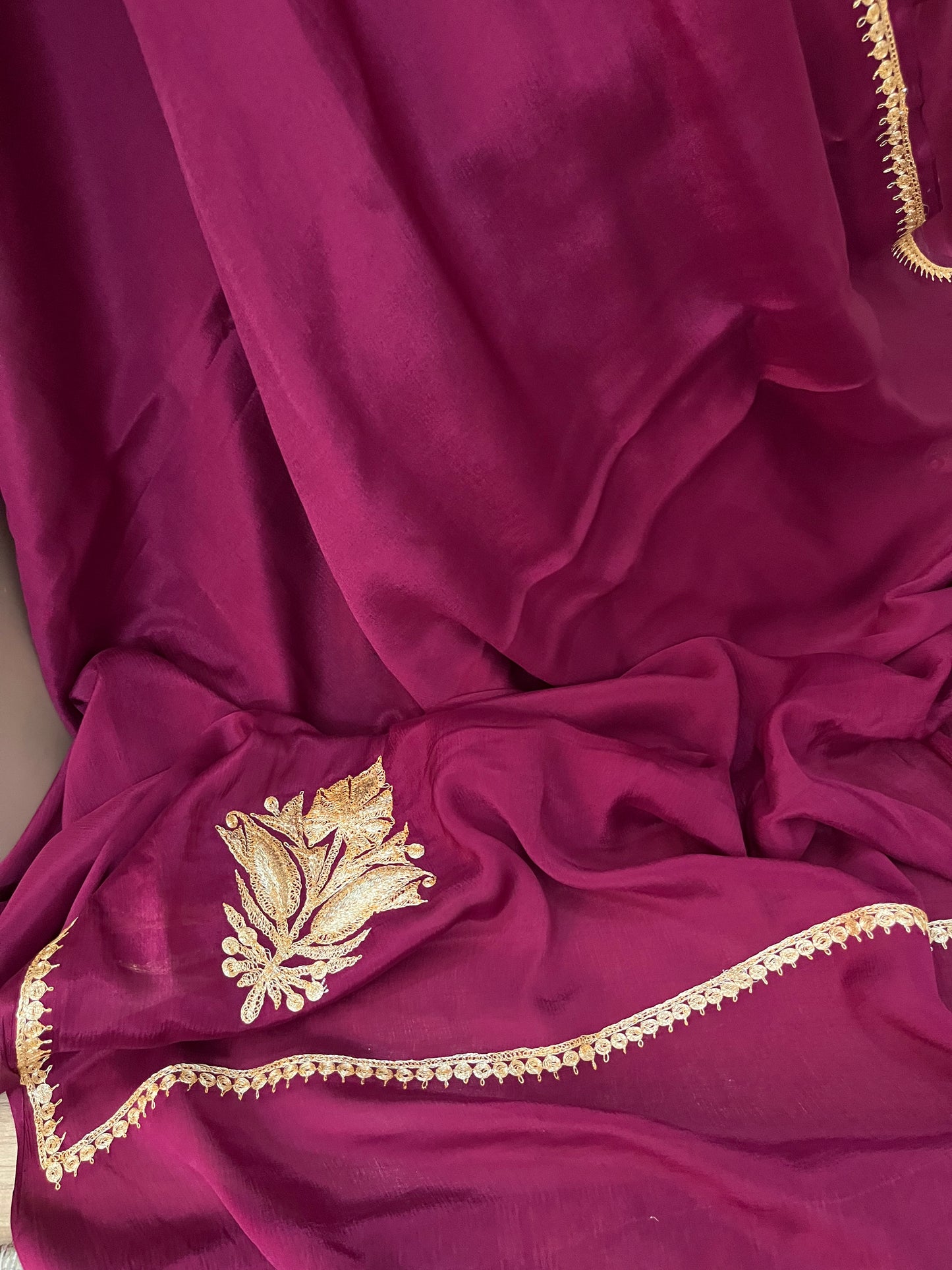 Wine Crape Puff Tilla Kashmiri Suit