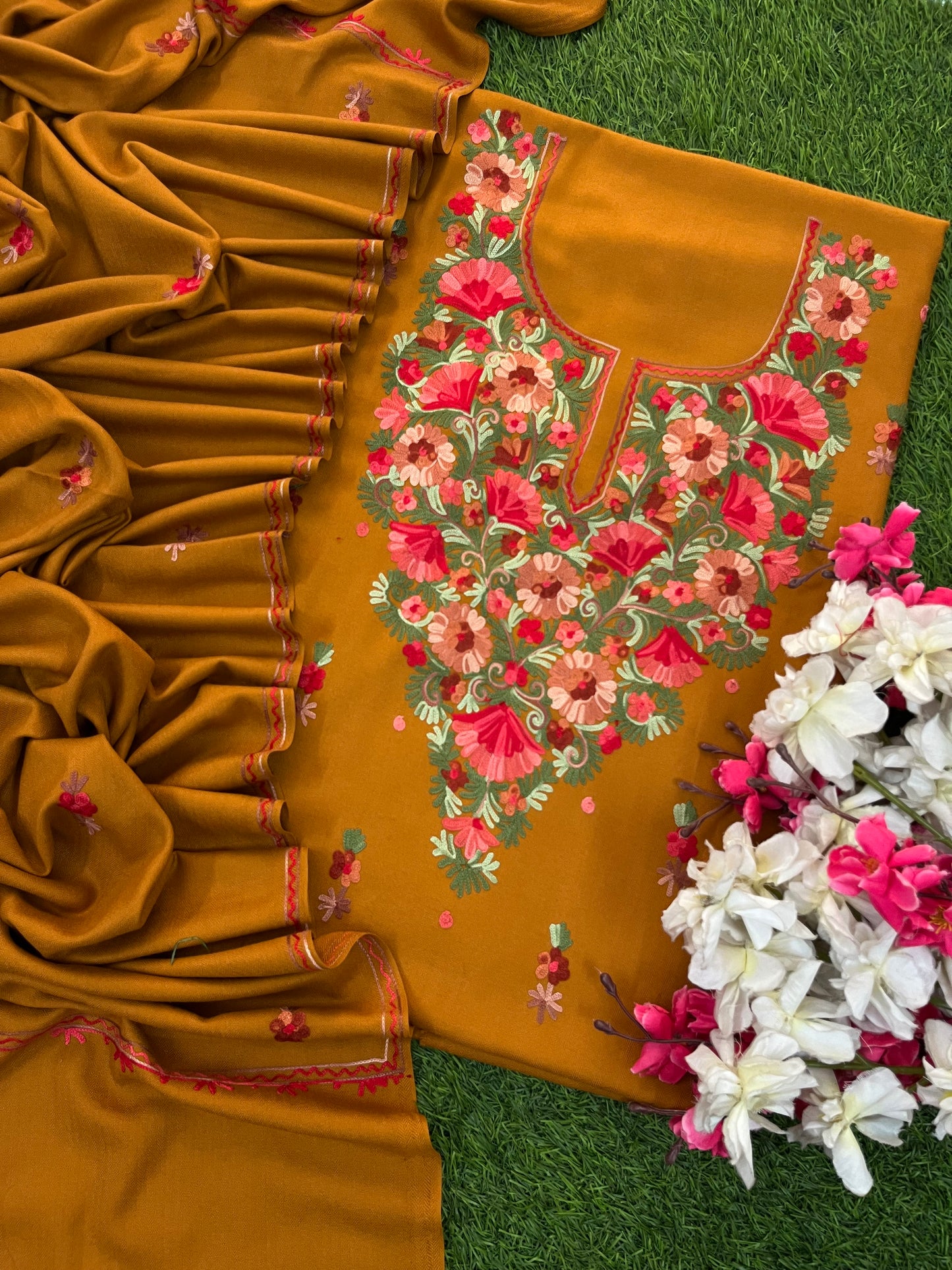 Golden Brown Woollen Aari Embroidered 3pc suit