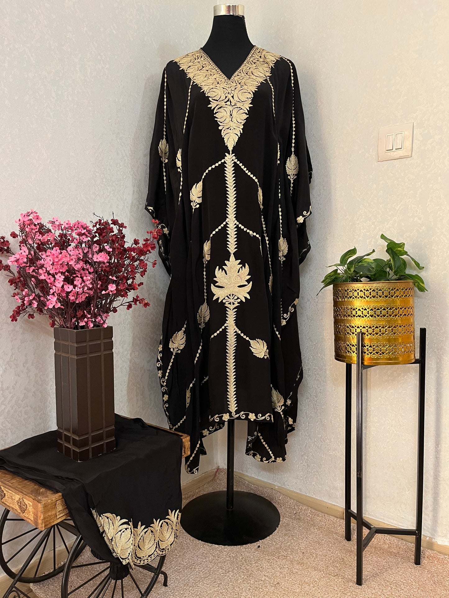 Black Pure Crape Kashmiri Kaftan