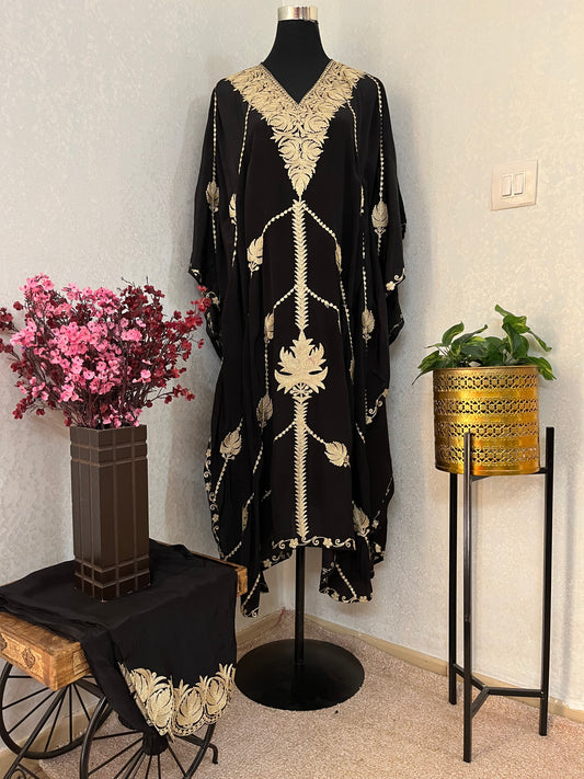 Black Pure Crape Kashmiri Kaftan