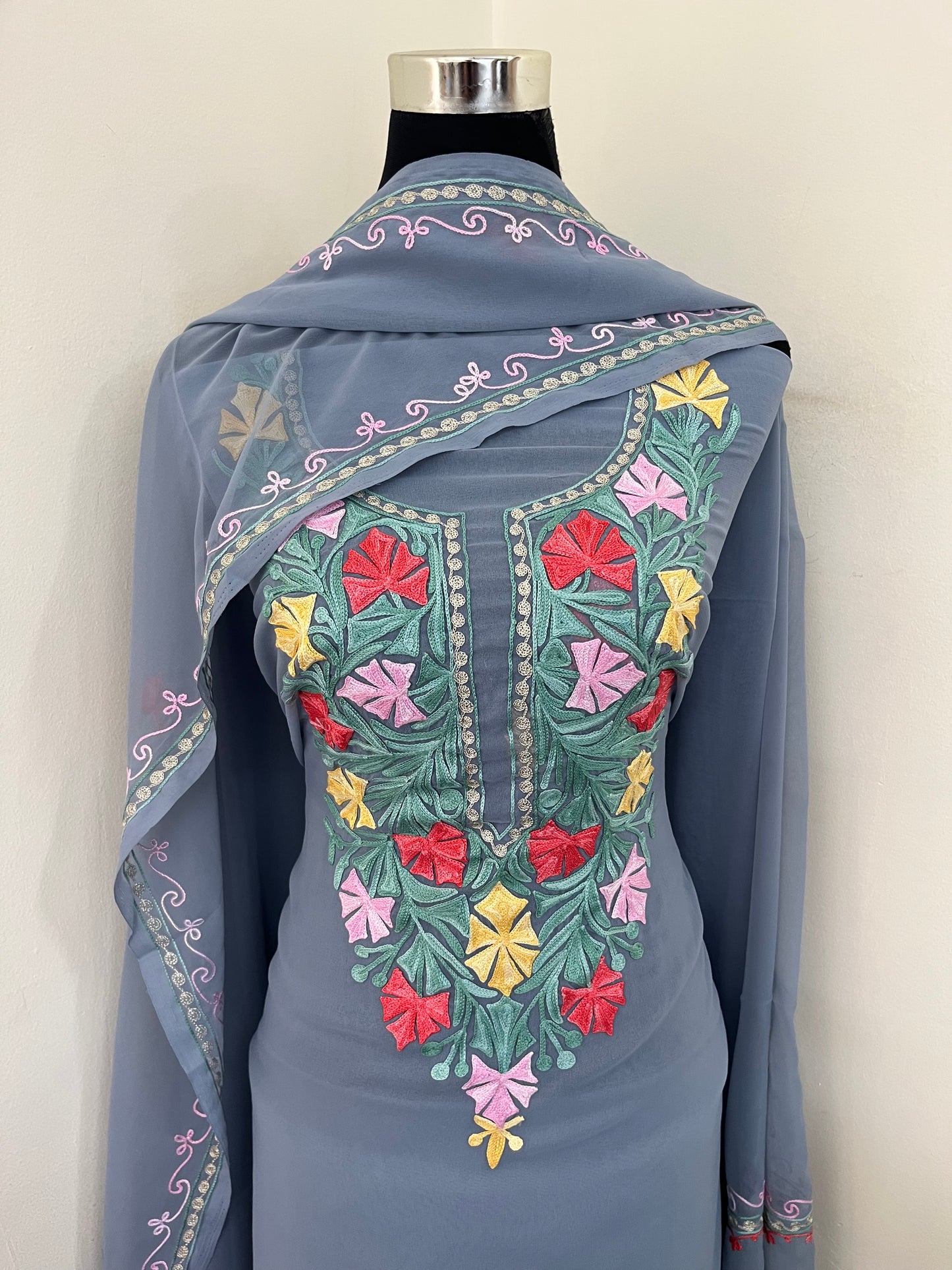 Steel Grey Georgette 3 Pc Aari Embroidered Suit Set