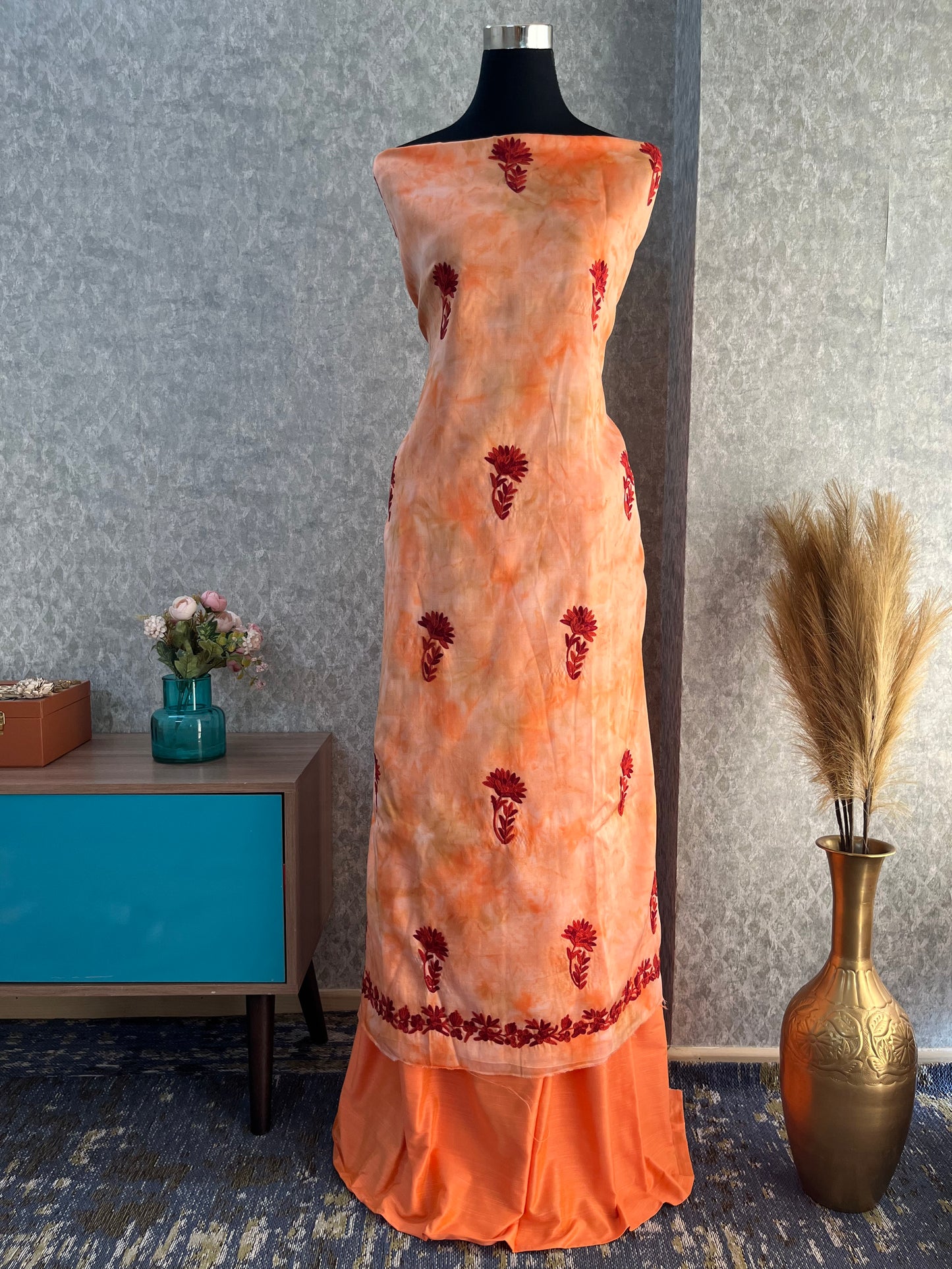 Tangerine Orange Self Work Satin Cotton Unstitched Co-ord Set