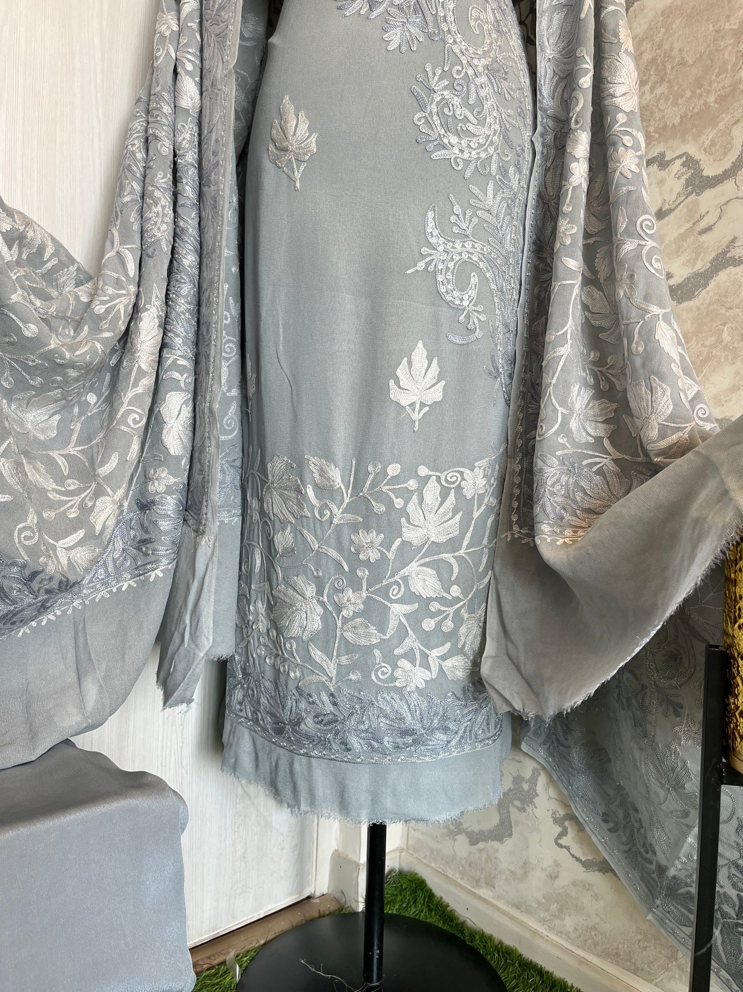 Grey Pure Georgette Aari Embroidered Suit